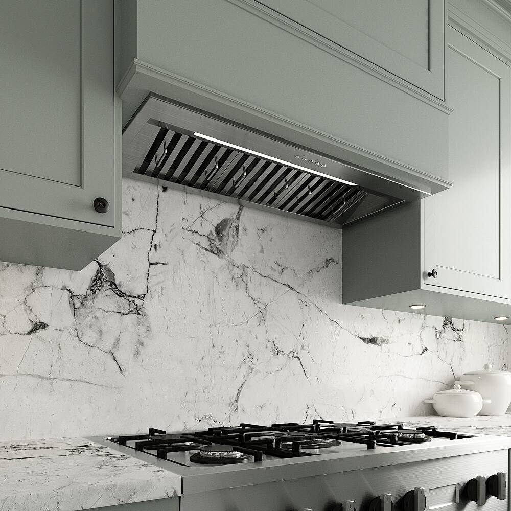 Back. Streamline - 34 in. Novara Ductless 350 CFM Range Hood, Baffle Filters, Electronic Button Control, LED Light - Brushed Stainless Steel.