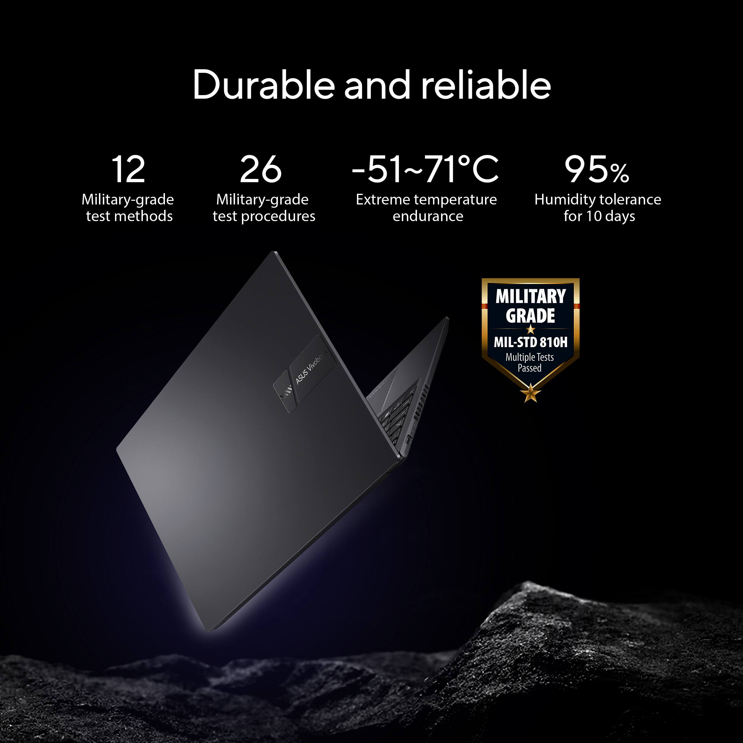 Durable and reliable

12 Military-grade test methods  
26 Military-grade test procedures  
-51~71°C Extreme temperature endurance  
95% Humidity tolerance for 10 days  

MILITARY GRADE  
MIL-STD 810H  
Multiple tests passed  

ASUS Vivobook