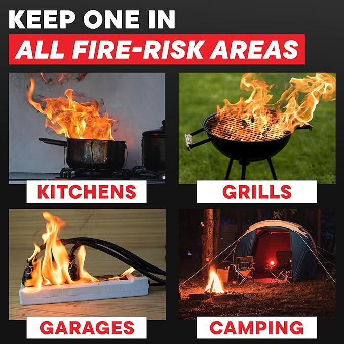 KEEP ONE IN ALL FIRE-RISK AREAS

- KITCHENS
- GRILLS
- GARAGES
- CAMPING