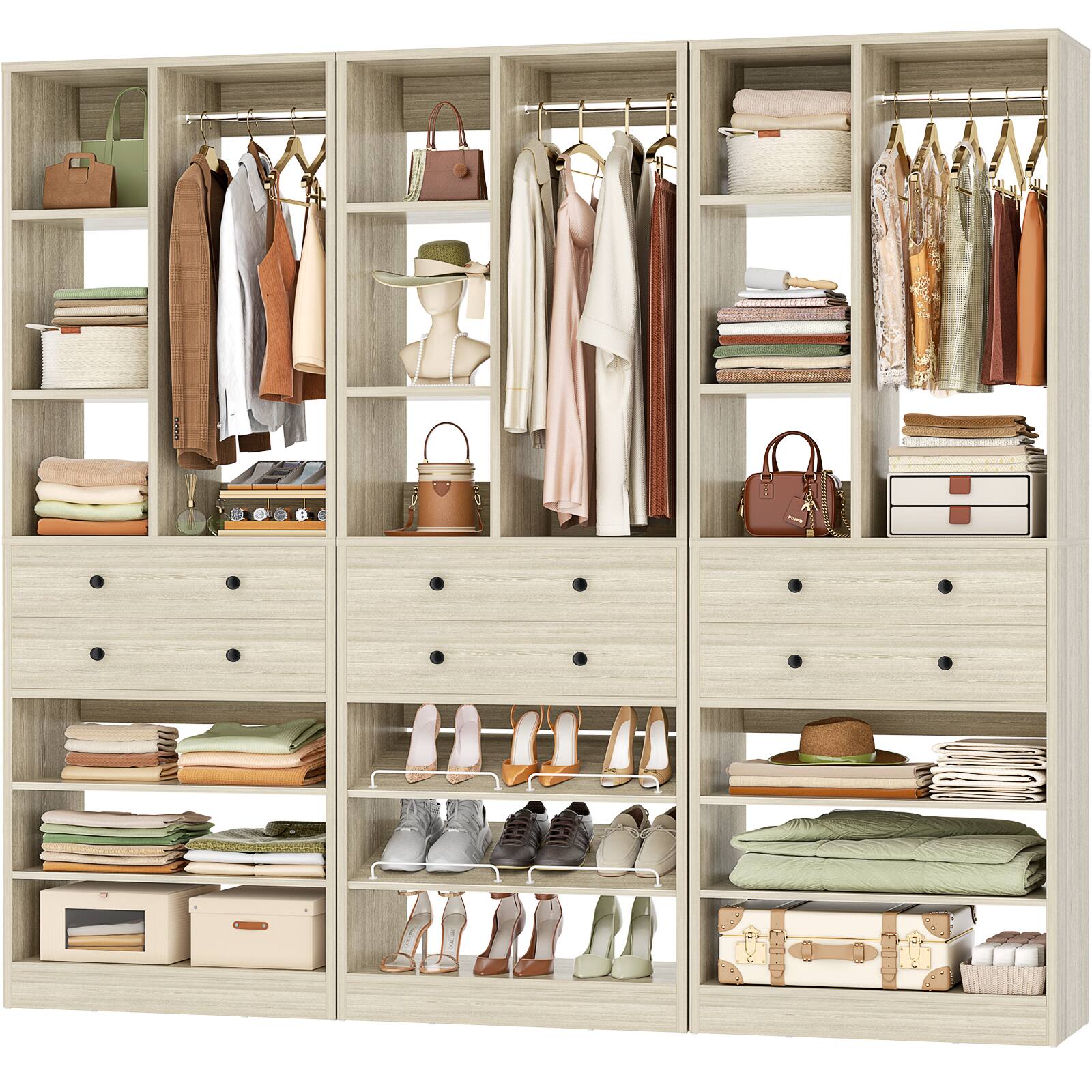 Angle. Aheaplus - 84" Free-Standing Closet Organizer with Drawers & Shelves, 1800LBS Load, 3-Pack Tower System - White Oak.