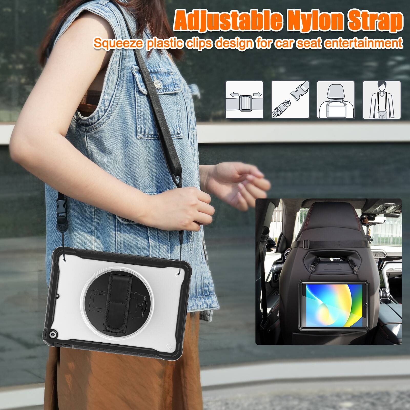 Adjustable Nylon Strap  
Squeeze plastic clips design for car seat entertainment