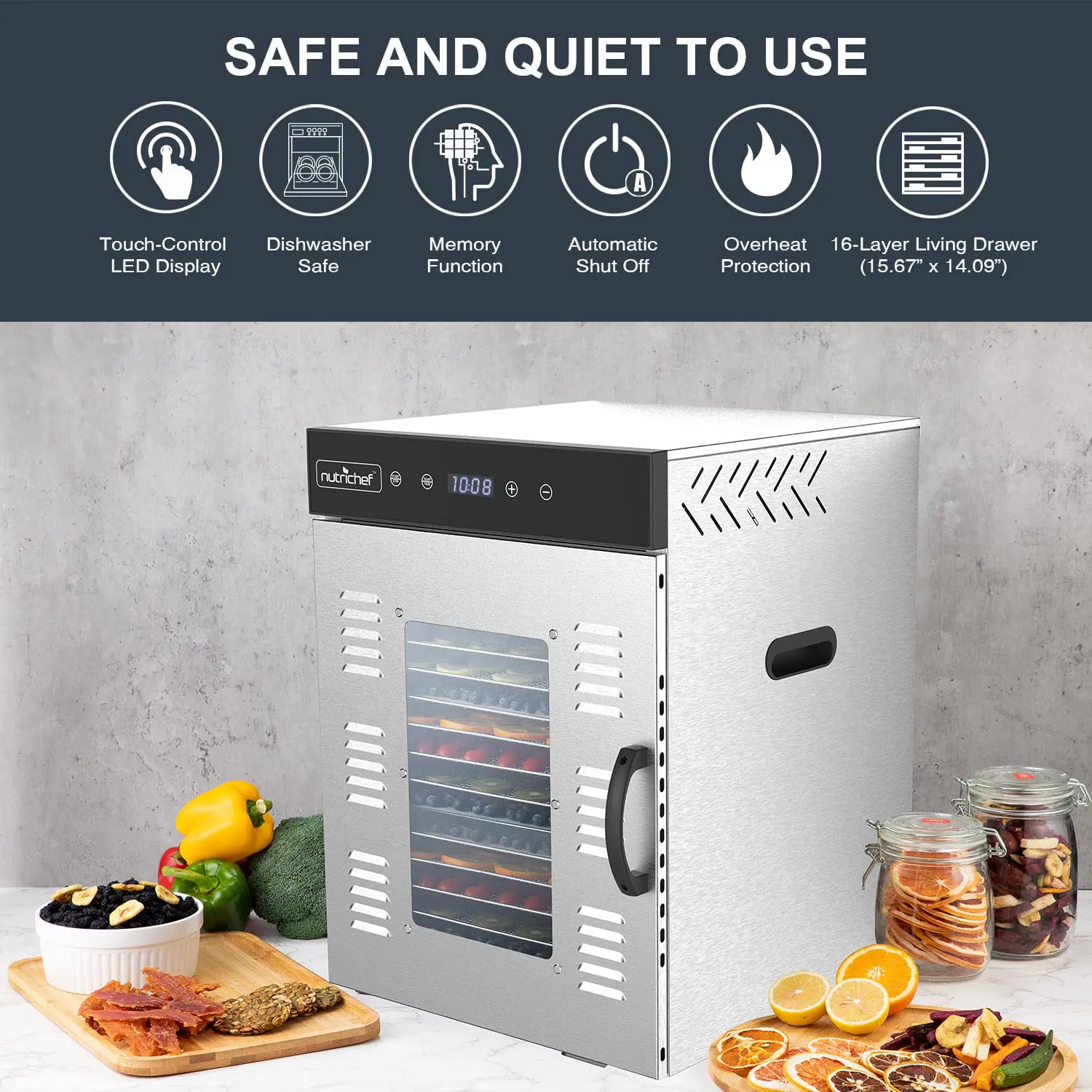 SAFE AND QUIET TO USE

- Touch-Control LED Display
- Dishwasher Safe
- Memory Function
- Automatic Shut Off
- Overheat Protection
- 16-Layer Living Drawer (15.67" x 14.09")

nutricher 1008