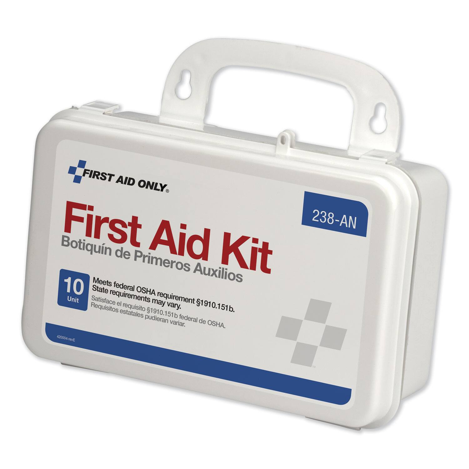 FIRST AID ONLY  
First Aid Kit  
Botiquín de Primeros Auxilios  
238-AN  

Meets federal OSHA requirement $1910.151b.  
State requirements may vary.  
Satisface el requisito federal de OSHA.  
Requisitos estatales pudieran variar.  

10 Unit