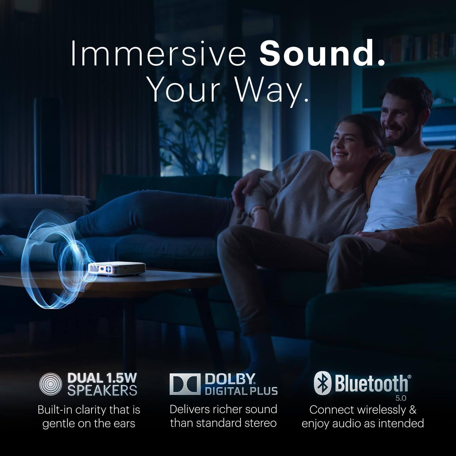 Immersive Sound. Your Way.

DUAL 1.5W SPEAKERS  
Built-in clarity that is gentle on the ears

DOLBY DIGITAL PLUS  
Delivers richer sound than standard stereo

Bluetooth 5.0  
Connect wirelessly & enjoy audio as intended