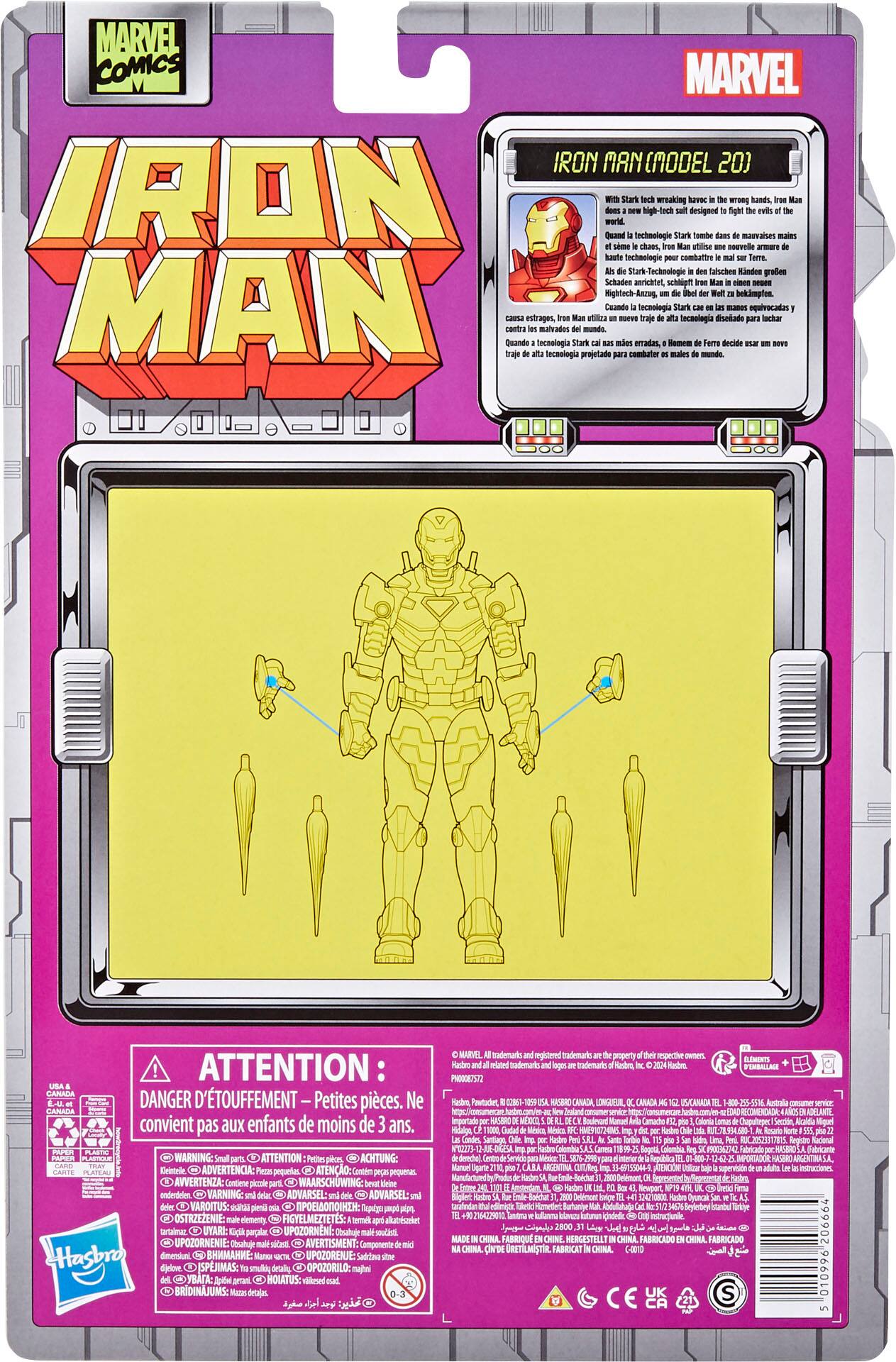 The text on the image is in Spanish, so I cannot provide a corrected version in English. However, I can provide a general understanding of the content. The image features a Marvel Comics Iron Man model, which is designed to be assembled and used for high-tech wrecking. The model is intended for children and comes with instructions. The packaging warns that small parts may pose a choking hazard, and it is not suitable for children under three years old. The product is made in China.