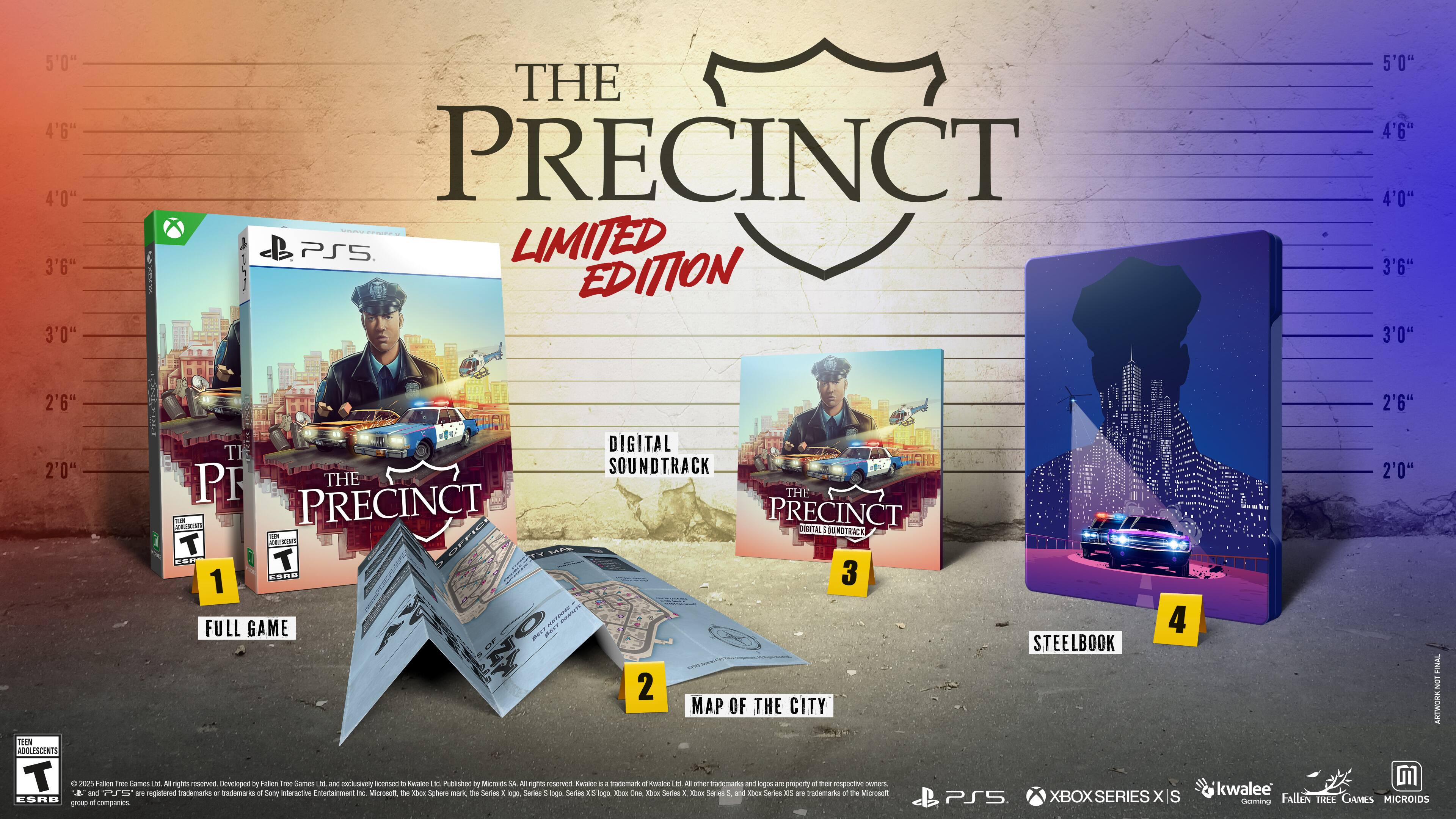 The Precinct Limited Edition PS5 game is displayed on a table. The game is accompanied by a steelbook, a map of the city, and a soundtrack. The game is for the PlayStation 5 console and is a limited edition. The image also features a person standing next to the game, and a car is visible in the background.