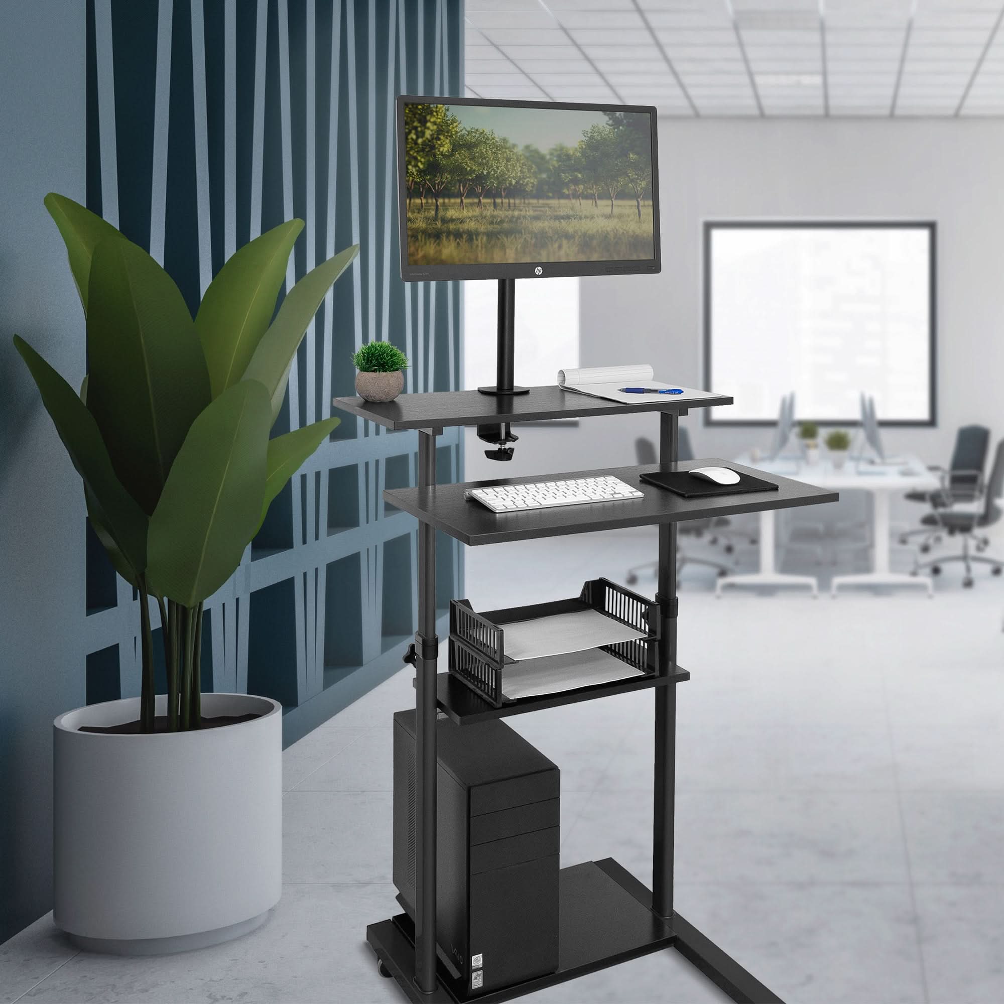 Angle. Mount-It! - Rolling Computer Workstation with Height Adjustment, Mobile Stand and Locking Casters for Office or Home, Black - Black.