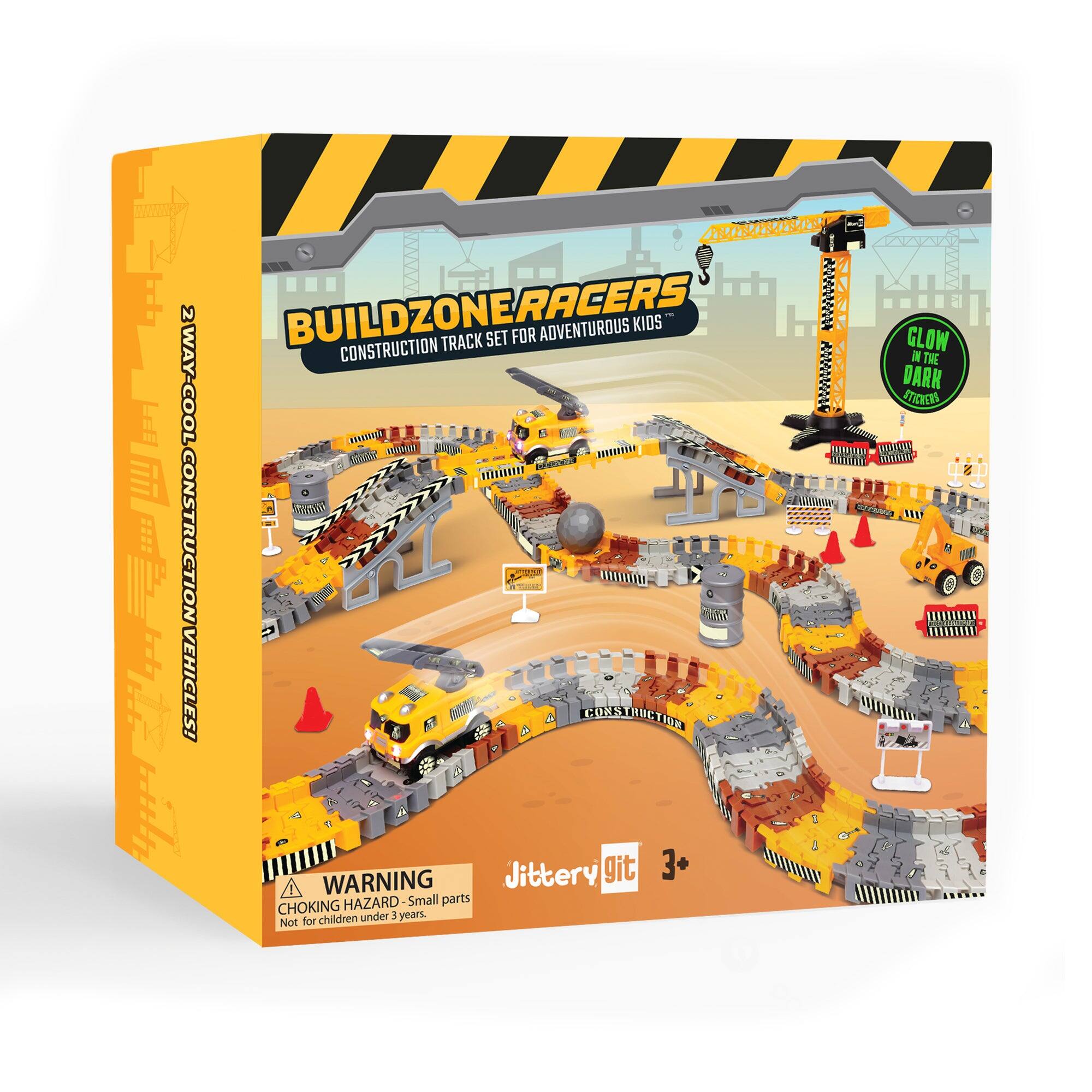 BUILDZONERACERS CONSTRUCTION TRACK SET FOR ADVENTUROUS KIDS 2WAY-COOL CONSTRUCTION VEHICLES!  
Jittery git 3+  
WARNING HAZARD-Small parts CHOKING under 3 years. Not for children  
GLOW IN THE DARK STICKENS