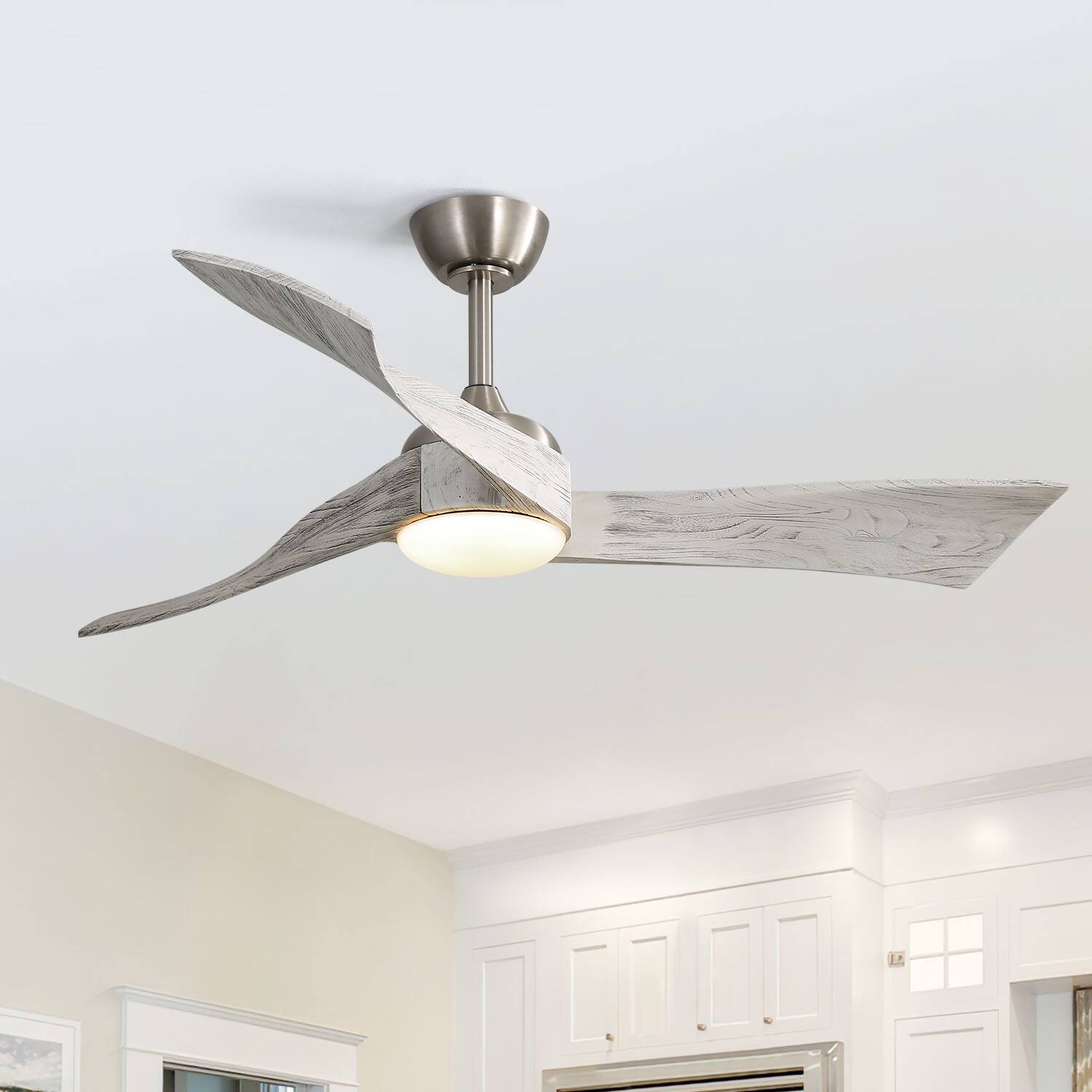 Alt View 3. Sofucor - 52'' Modern Propeller Ceiling Fan Light Kit With Remote Solid Wood Blades Dimmable 3-Color LED Timer & Quiet Reversible - Nickel.