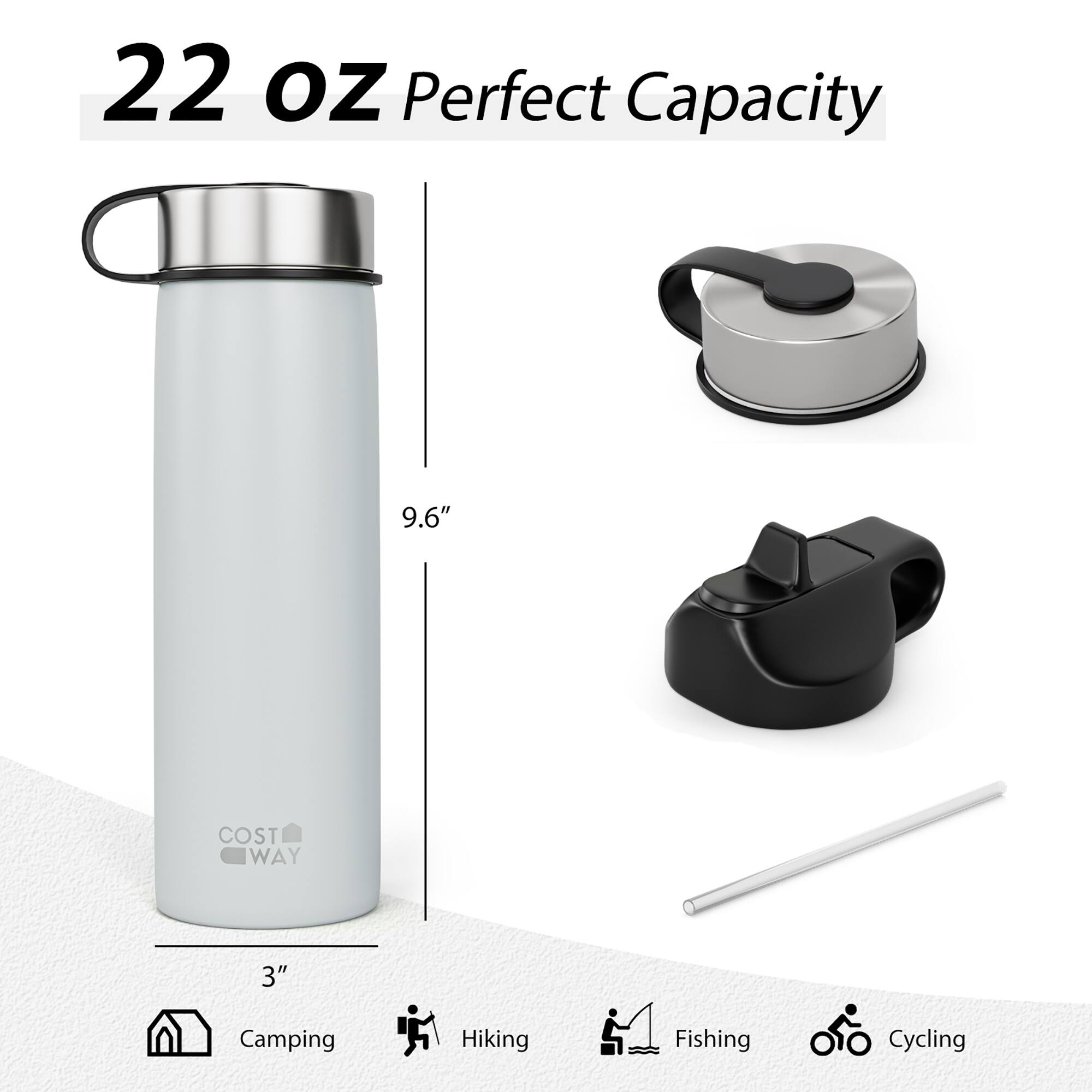 22 oz Perfect Capacity  
9.6"  
3"  
Camping  
Hiking  
Fishing  
Cycling