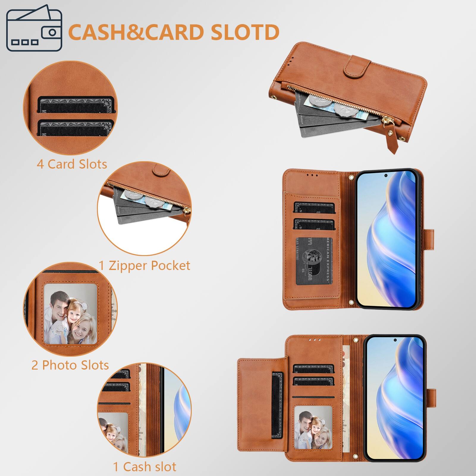 CASH&CARD SLOTD

4 Card Slots
1 Zipper Pocket
2 Photo Slots
1 Cash slot