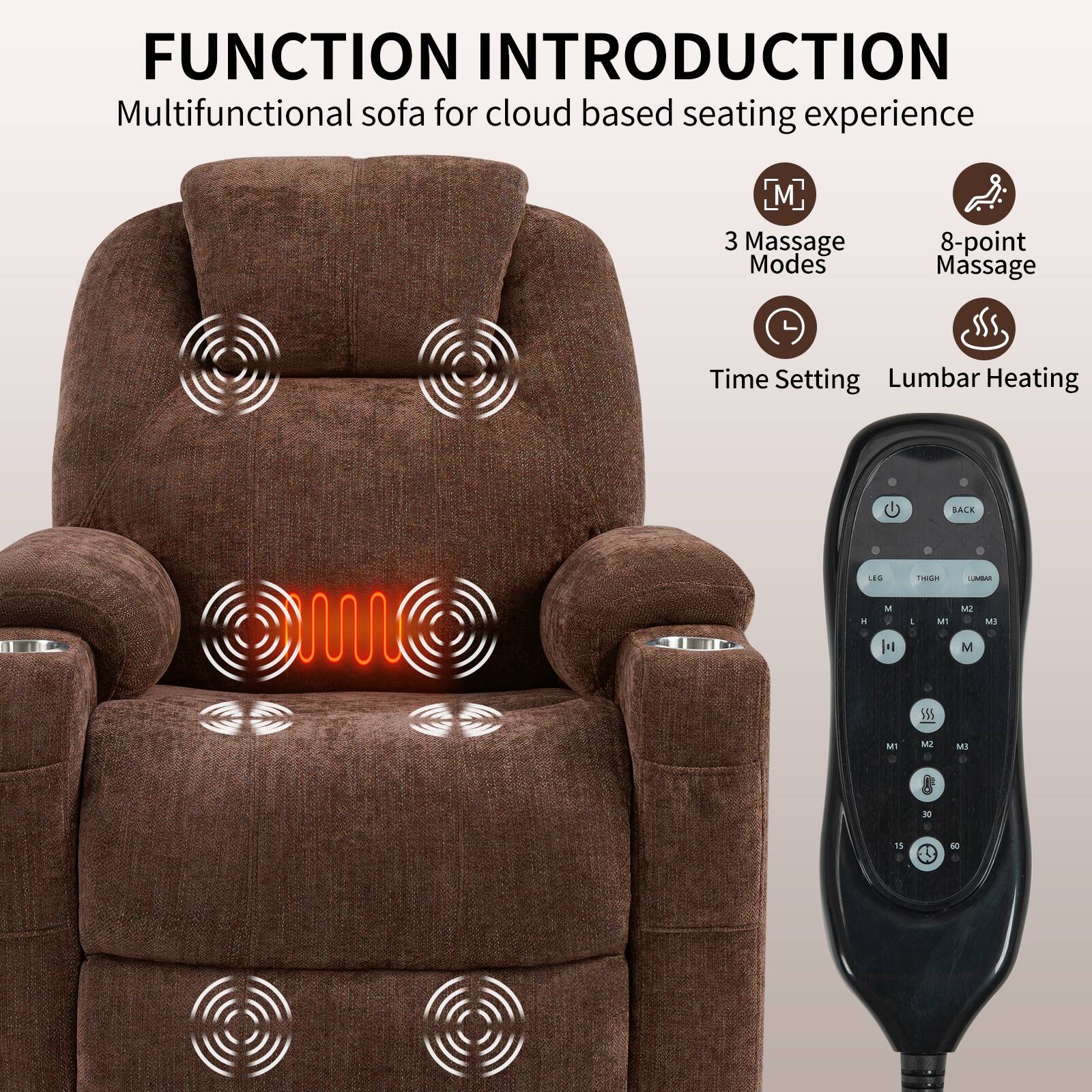 FUNCTION INTRODUCTION  
Multifunctional sofa for cloud-based seating experience  

- 3 Massage Modes  
- 8-point Massage  
- Time Setting  
- Lumbar Heating