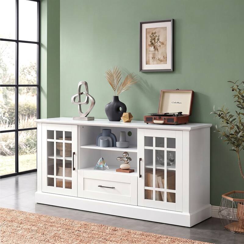 Alt View 3. WELLFOR - Modern Farmhouse TV Stand for TVs up to 70", Entertainment Center with Storage Cabinet & Glass Door - White.