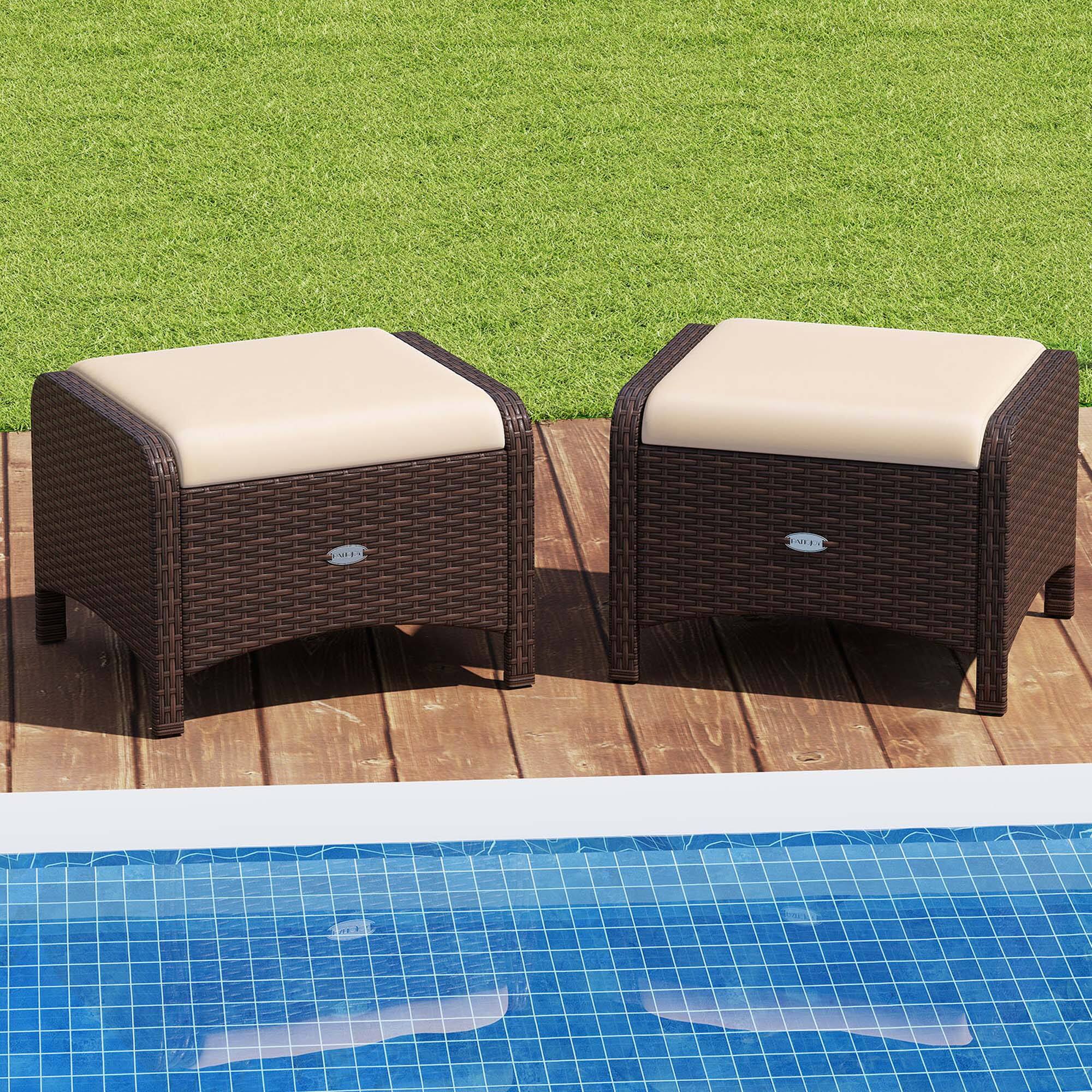 Angle. Costway - 2 Pieces Outdoor Patio PE Wicker Ottomans with Removable Cushions Footstools - Mixed Brown + Beige.