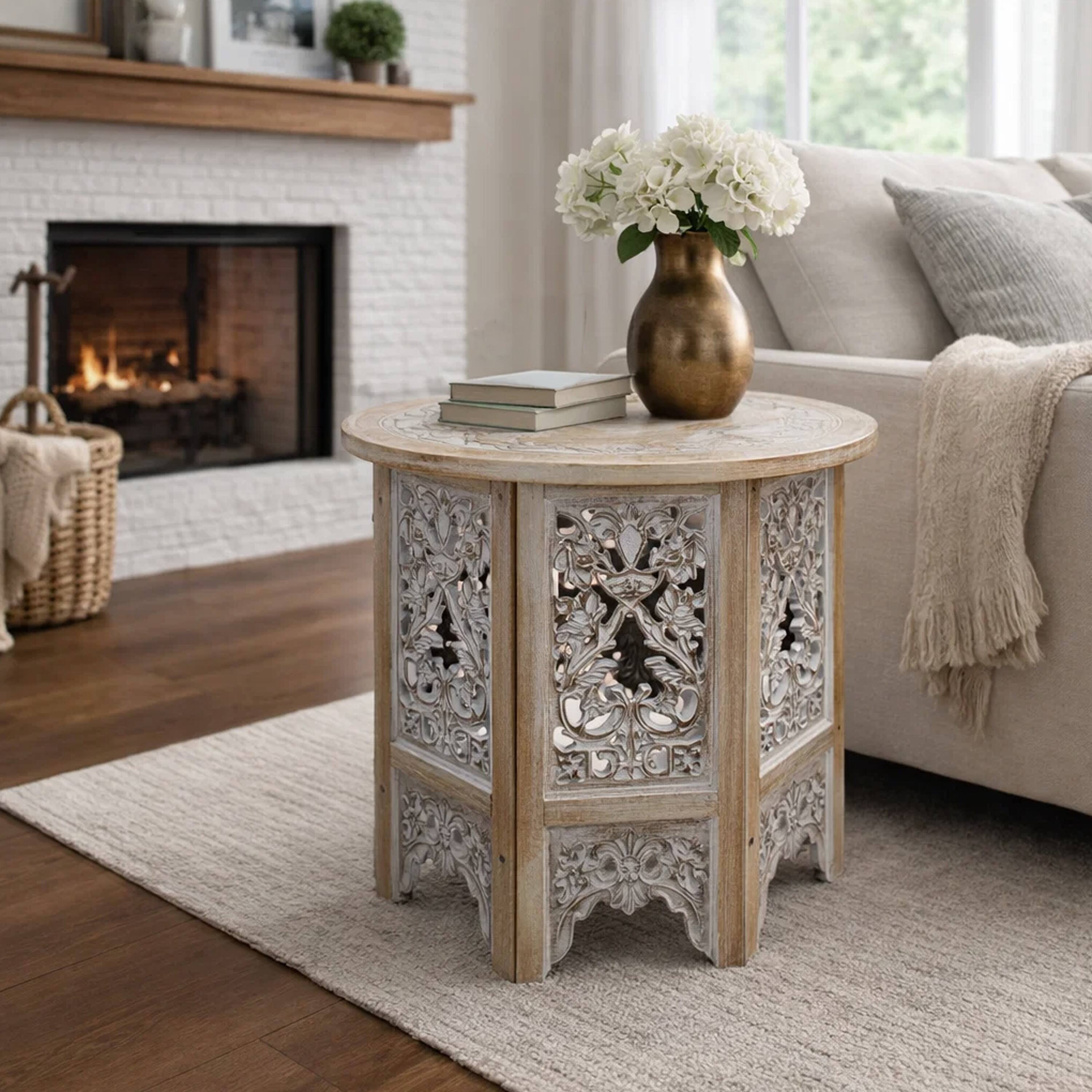 Alt View 9. Manhattan Lane - Accent Side Table, 24 Inch Round Top, Mango Wood Floral Cut Out Carved Motifs - Natural Brown, Washed White.