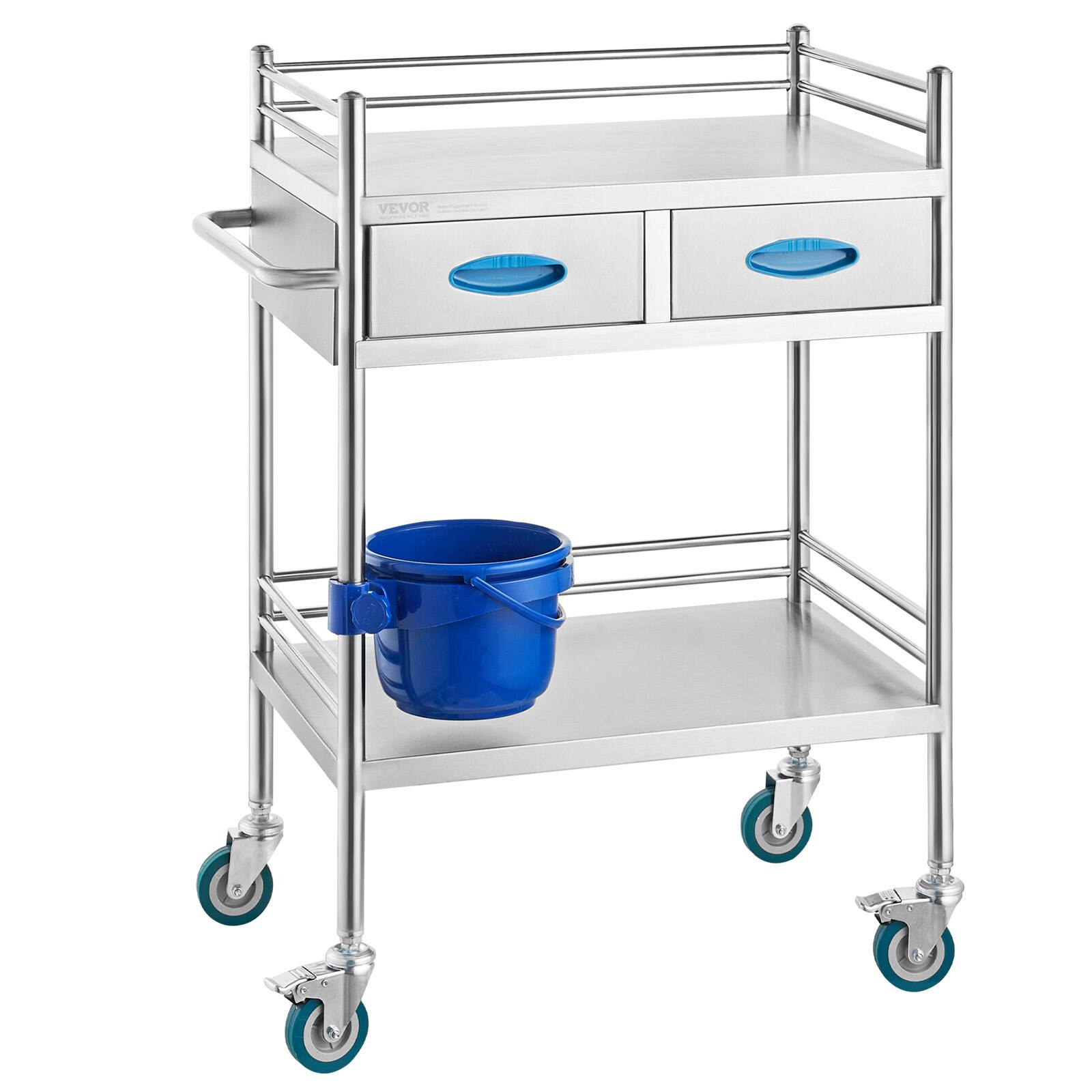 Front. VEVOR - Lab Serving Cart, 2 Layers Stainless Steel Utility Rolling Cart, Medical Cart with Two Drawers, with Lockable Wheels - Silver.