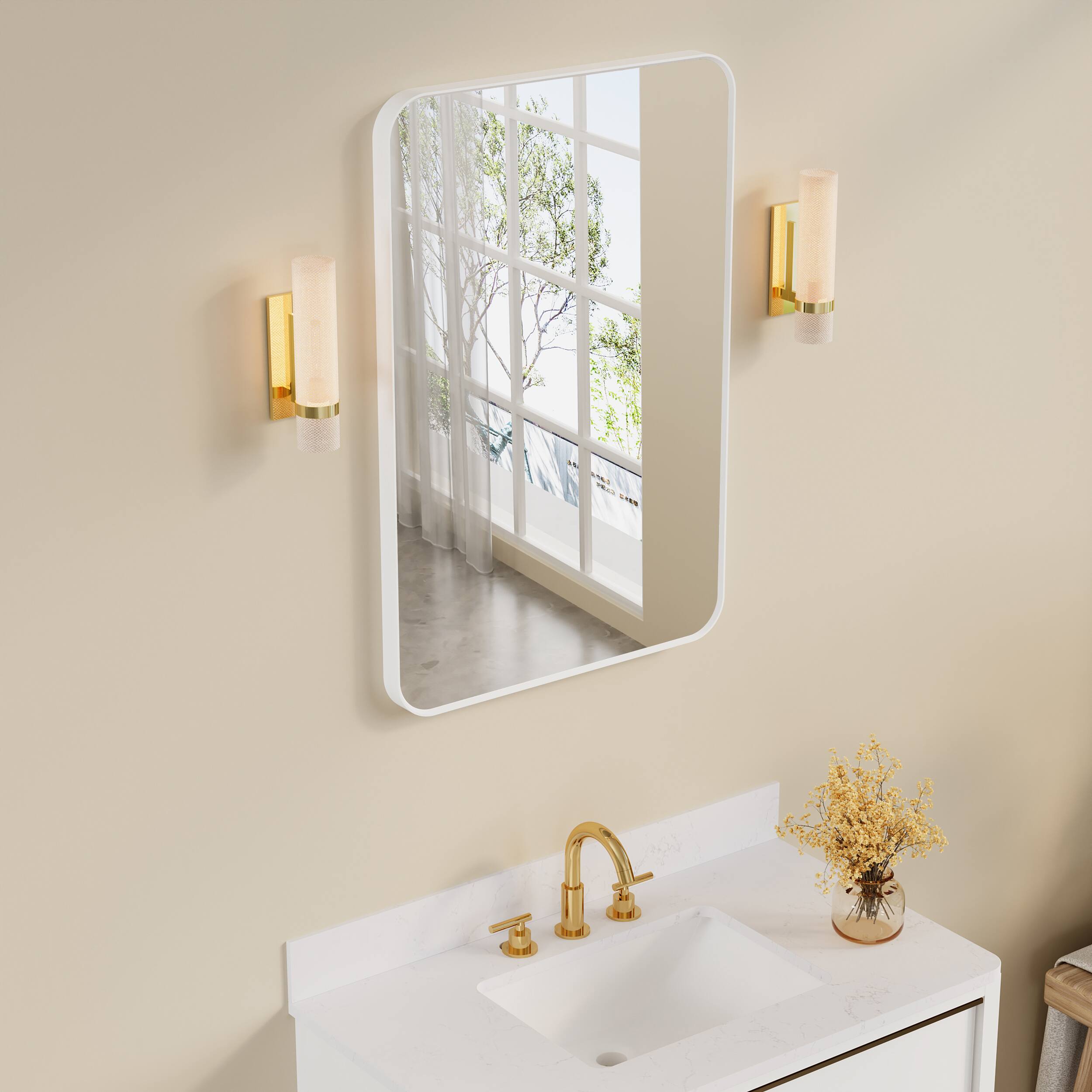 Back. WELLFOR - 24 in. W. x 36 in. H Rectangular Aluminum Framed Wall-Mounted Bathroom Vanity Mirror - White.