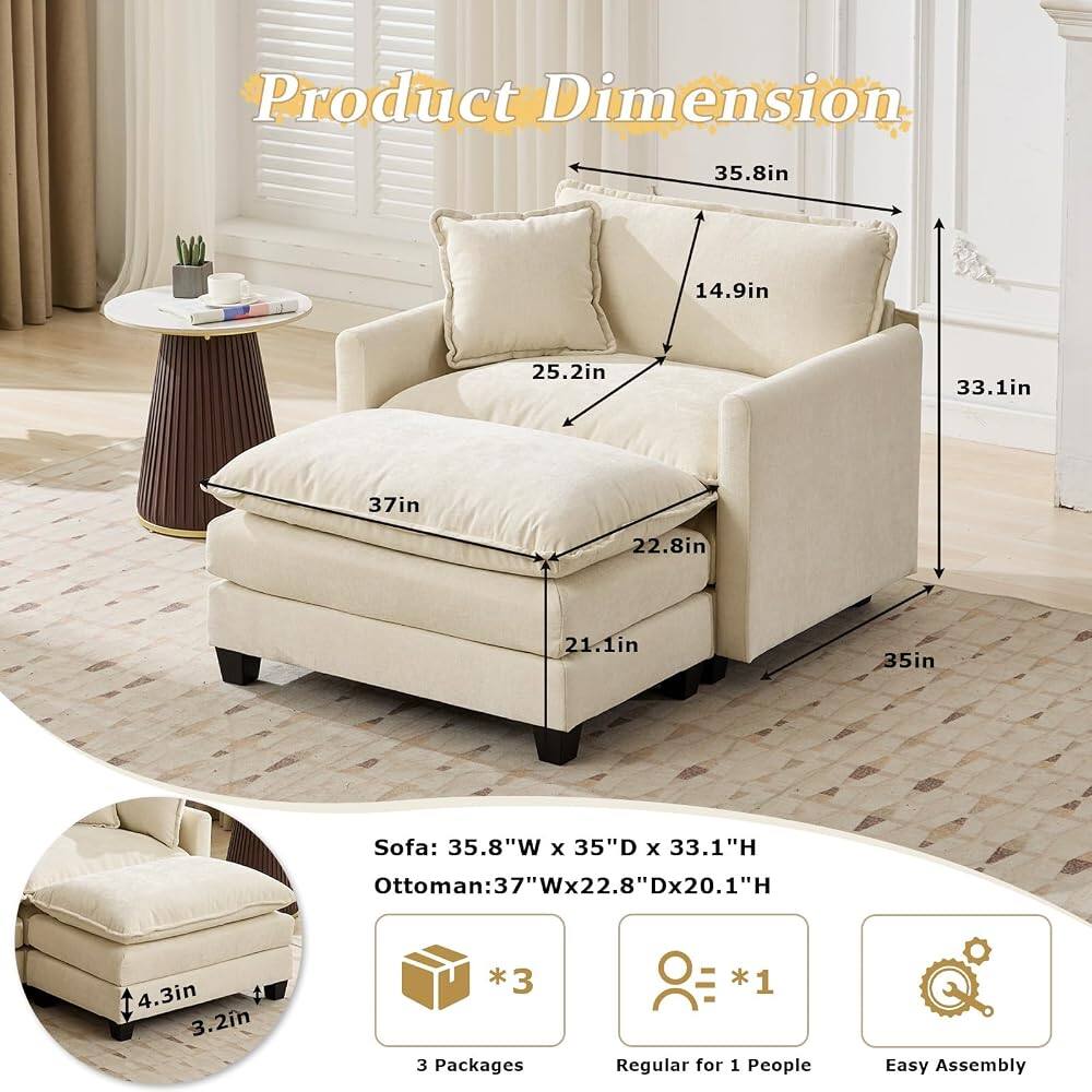 Product Dimension

Sofa: 35.8"W x 35"D x 33.1"H  
Ottoman: 37"W x 22.8"D x 20.1"H

3 Packages  
Regular for 1 People  
Easy Assembly