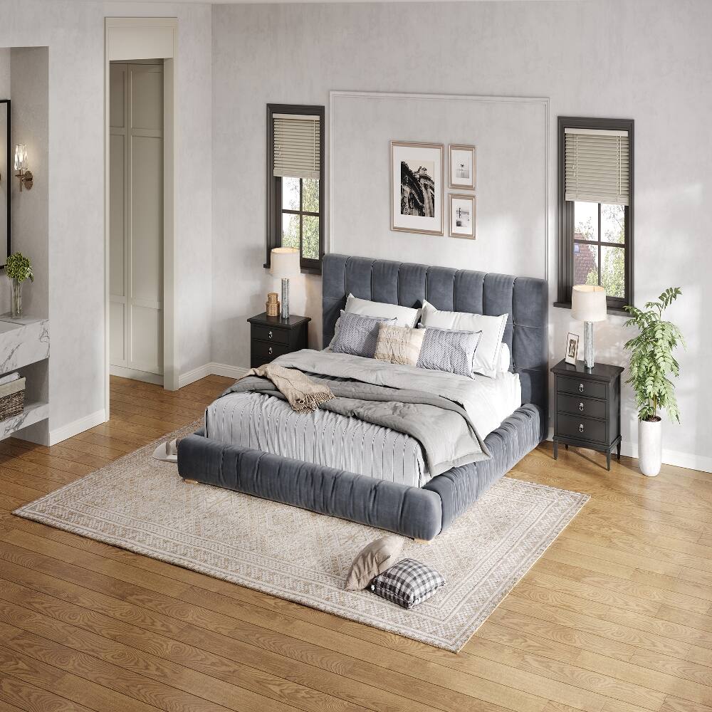 Alt View 2. Loheer - Loheer King Size Upholstered Velvet Platform Bed Frame Gray Low Profile - Gray.