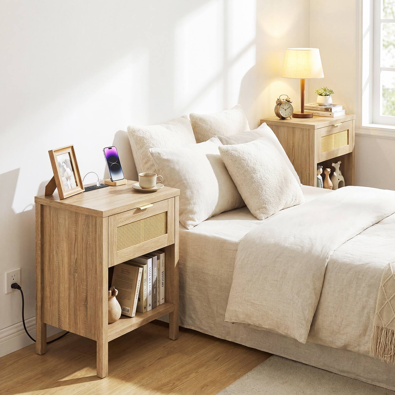 Alt View 4. Costway - Costway 2PCS Rattan Nightstand with Charging Station USB Ports Outlets Drawer Storage Shelf - Oak.