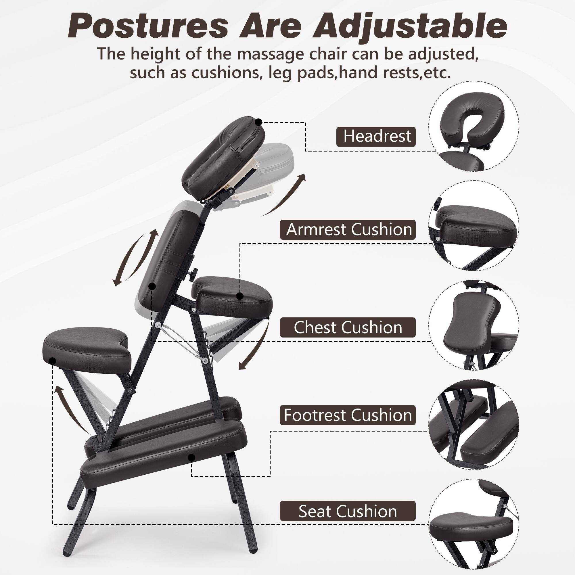 Postures Are Adjustable
The height of the massage chair can be adjusted, such as cushions, leg pads, hand rests, etc.
Headrest
Armrest Cushion
Chest Cushion
Footrest Cushion
Seat Cushion