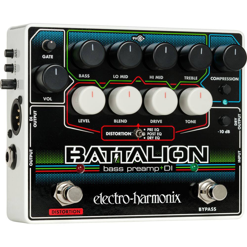 - GATE
- BASS
- LO MID
- HI MID
- TREBLE
- COMPRESSION
- VOL
- LEVEL
- BLEND
- DRIVE
- TONE
- DISTORTION
- PRE EQ
- POST EQ
- DRY EQ
- OUTPUT LEVEL
- OUTPUT
- -10 dB
- BATTALION
- bass preamp + DI
- electro-harmonix
- BYPASS
- DISTORTION