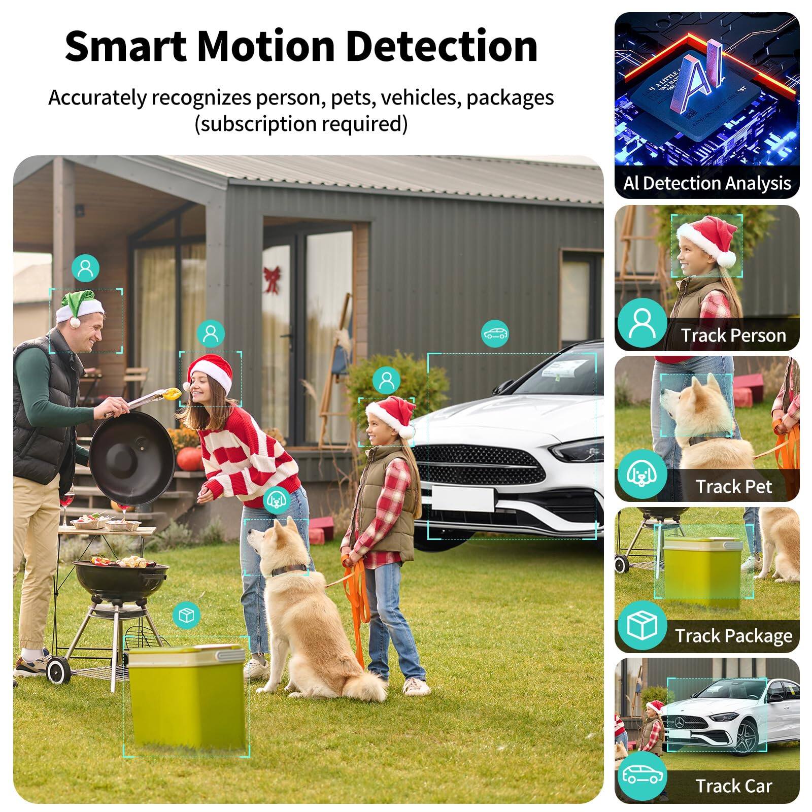 Smart Motion Detection  
Accurately recognizes person, pets, vehicles, packages (subscription required)

AI Detection Analysis  
- Track Person  
- Track Pet  
- Track Package  
- Track Car