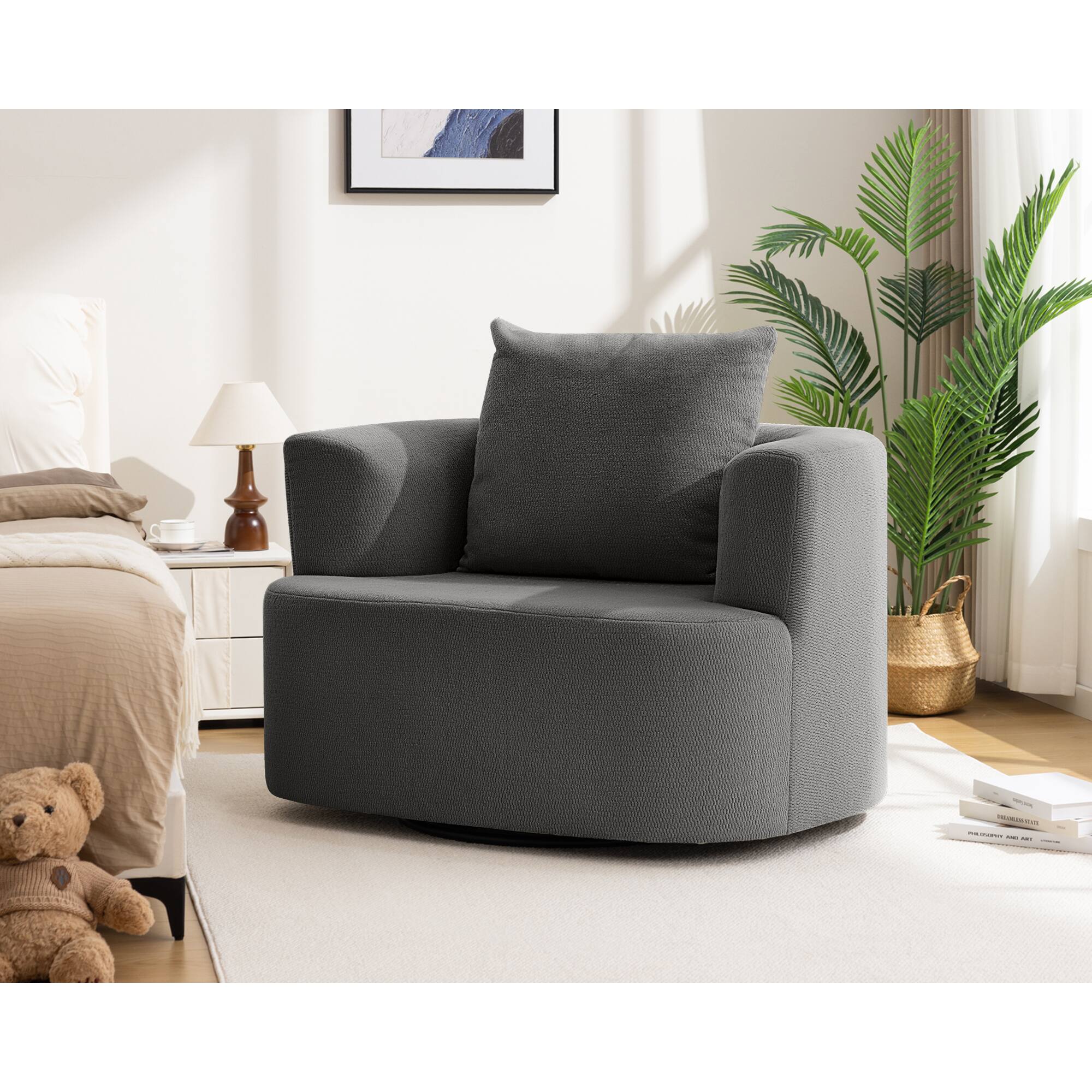 Alt View 6. KERDOM - Plush Swivel Accent Armchair, Single Sofa Lounge Chair, Upholstered Reading Chair, Reception Room Seating Rotating Base - Grey.