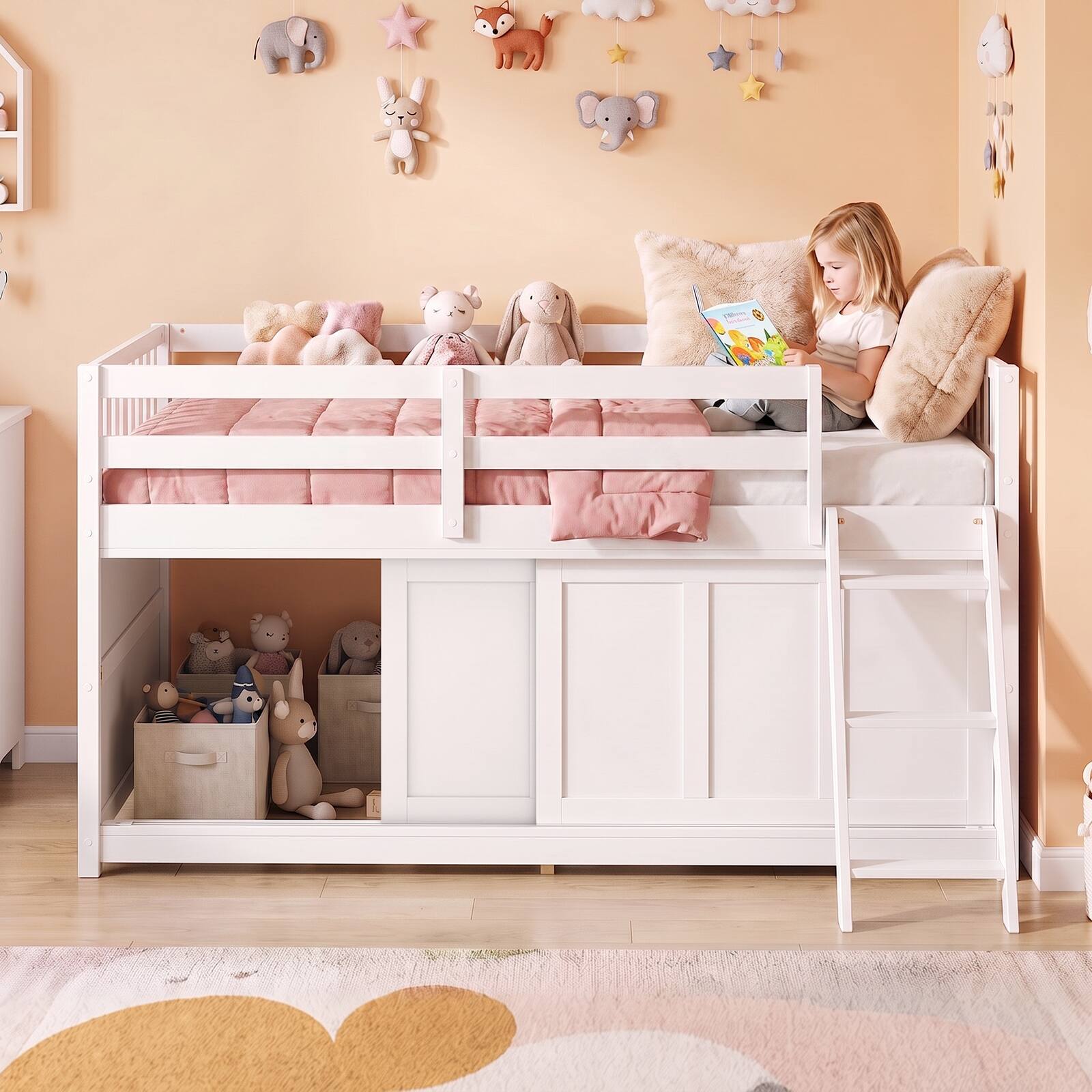 Alt View 1. Costway - Costway Twin Size Loft Bed with Aluminum Sliding Door,Spacious Under-Bed Space, Guardrails - White.