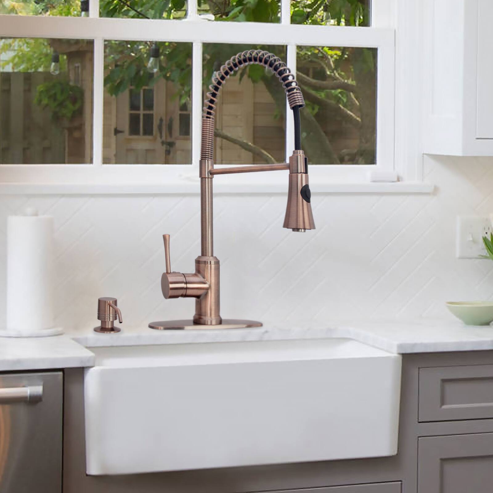 Alt View 4. Akicon - Akicon Brass Built-in Soap Dispenser for Kitchen Sink Refill from Top with 17 oz. Bottle in Antique Copper - Antique Copper.