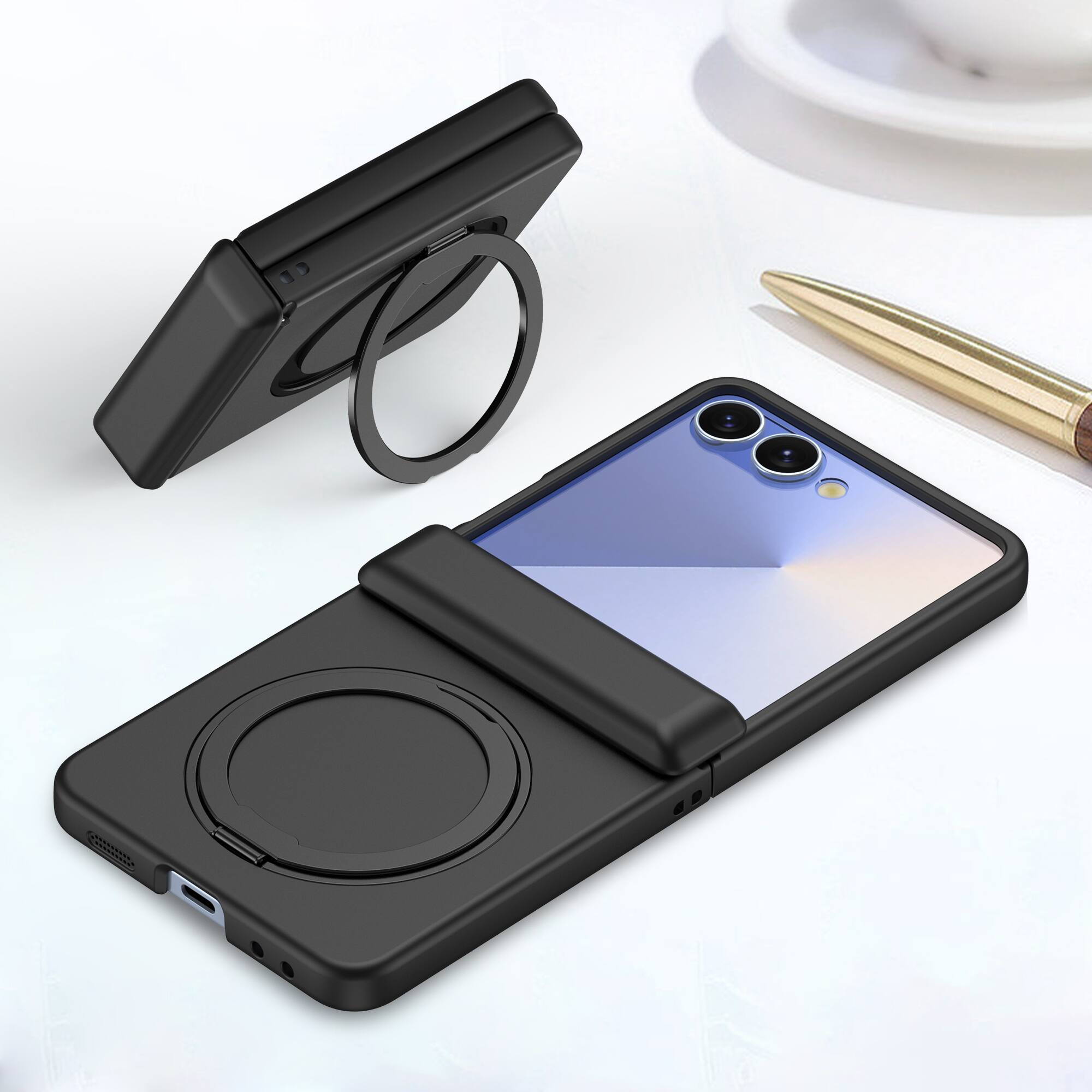 Angle. Dteck - for Samsung Galaxy Z Flip7 Matte Case,Shockproof Hard PC Cover with Hinge Protection,Rugged Rotatable Kickstand Case - Black.