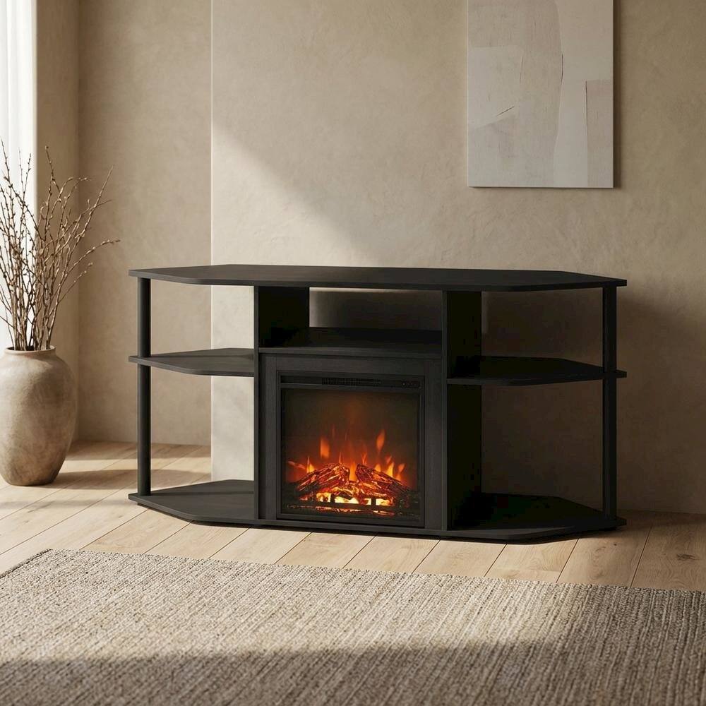 Alt View 1. FurniFact - Dark Americano No Heat Fireplace TV Stand for 55-Inch TVs with Open Storage - Dark Americano/Black.