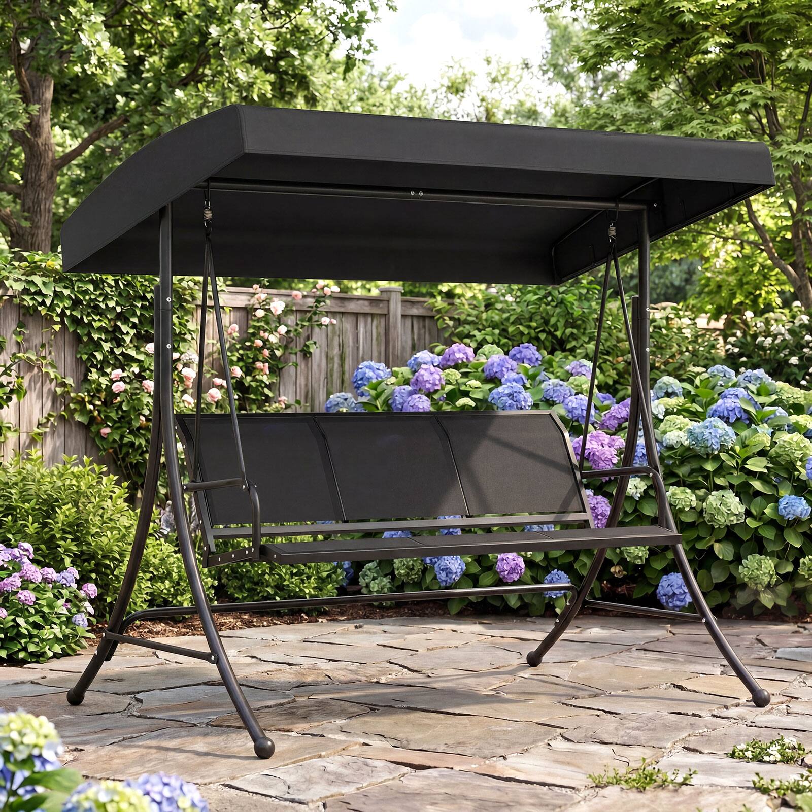 Alt View 4. Costway - Costway 3-Seat Patio Swing Chair, Outdoor Swing with Adjustable Canopy, Heavy-Duty Stand - Black.