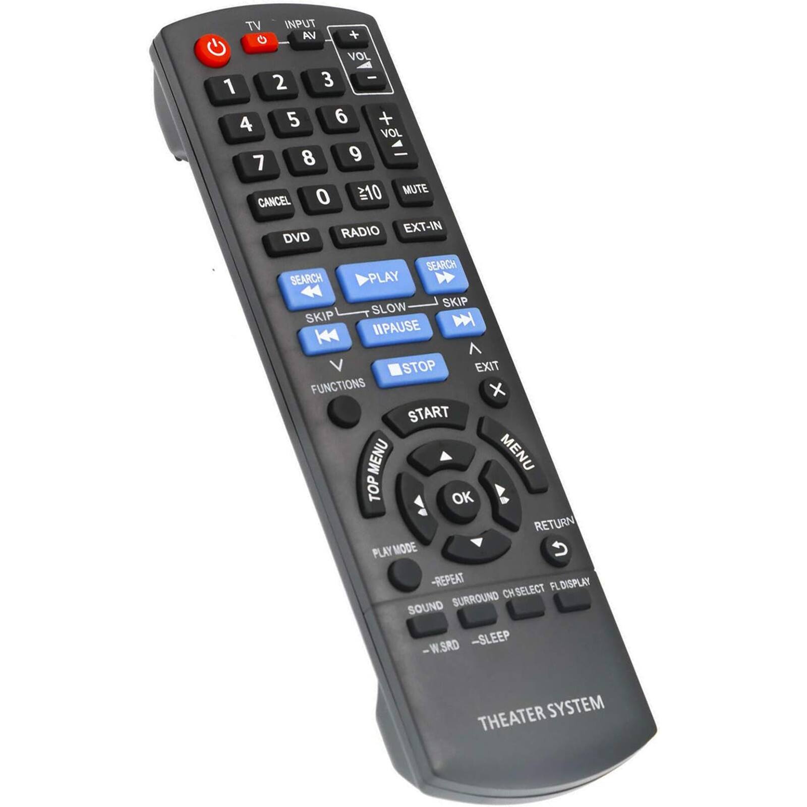 TV INPUT G AN + VOL 3 - 1 2 4 5 6 + VOL 7 8 9 10 MUTE CANCEL 0 RADIO EXT-IN DVD SEARCH SEARCH PLAY SKIP SLOW SKIP D K IIPAUSE ^ V STOP EXIT FUNCTIONS x START MENU MENU TOP OK RETURN PLAY MODE C -REPEAT FLDISPLAY SURROUND CHSELECT SOUND -W.SRD -SLEEP THEATER SYSTEM