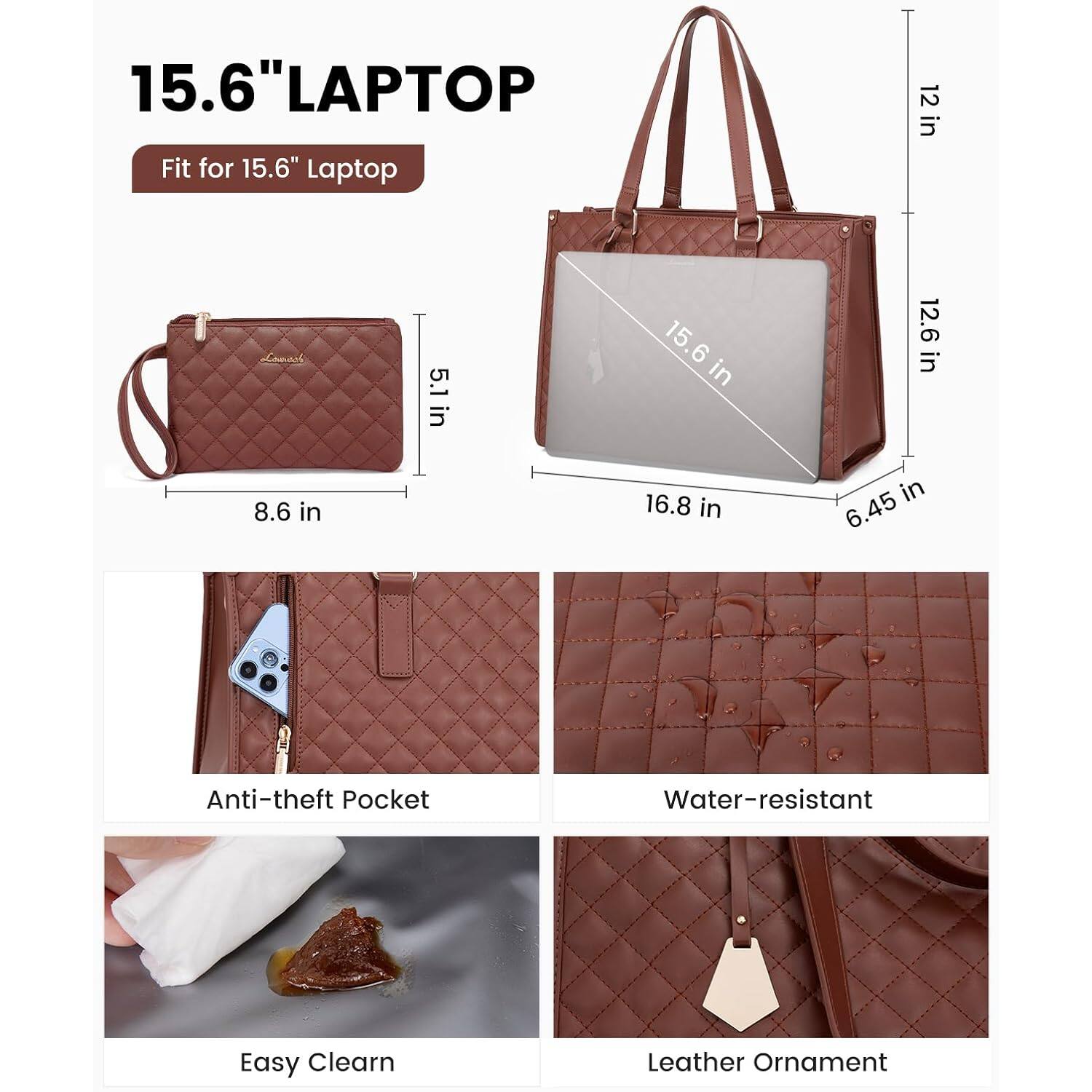 15.6" LAPTOP  
Fit for 15.6" Laptop

12 in  
5.1 in  
15.6 in  
12.6 in  
8.6 in  
16.8 in  
6.45 in

Anti-theft Pocket  
Water-resistant  
Easy Clean  
Leather Ornament