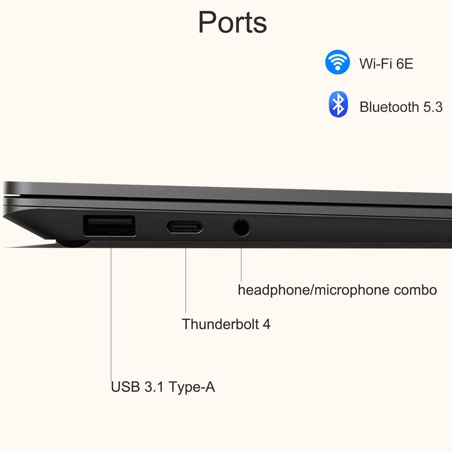 Ports: Wi-Fi 6E, Bluetooth 5.3, headphone/microphone combo, Thunderbolt 4, USB 3.1 Type-A