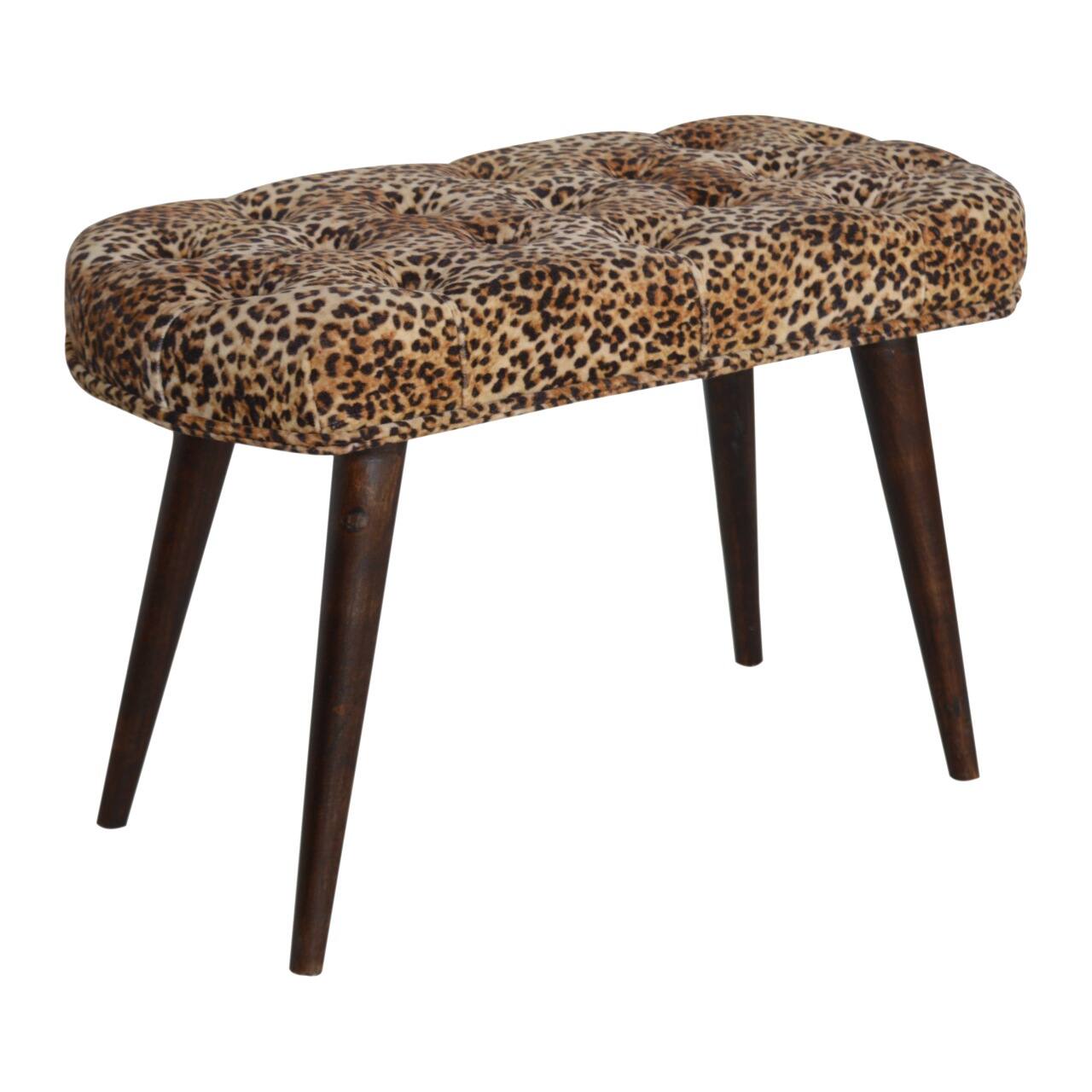 Alt View 1. Artisan Furniture - Artisan Furniture Solid Wood Leopard Print Deep Button Bench, Upholstered, Brown - Brown.