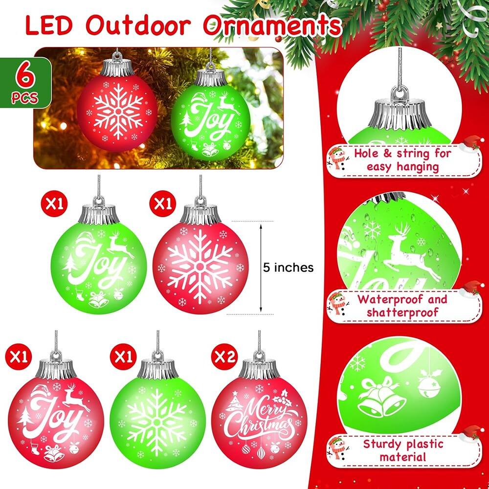LED Outdoor Ornaments

6 PCS

- 1x Joy (Green)
- 1x Joy (Red)
- 1x Joy (Green)
- 1x Joy (Red)
- 1x Joy (Red)
- 2x Merry Christmas (Red)

Features:
- Hole & string for easy hanging
- 5 inches
- Waterproof and shatterproof
- Sturdy plastic material