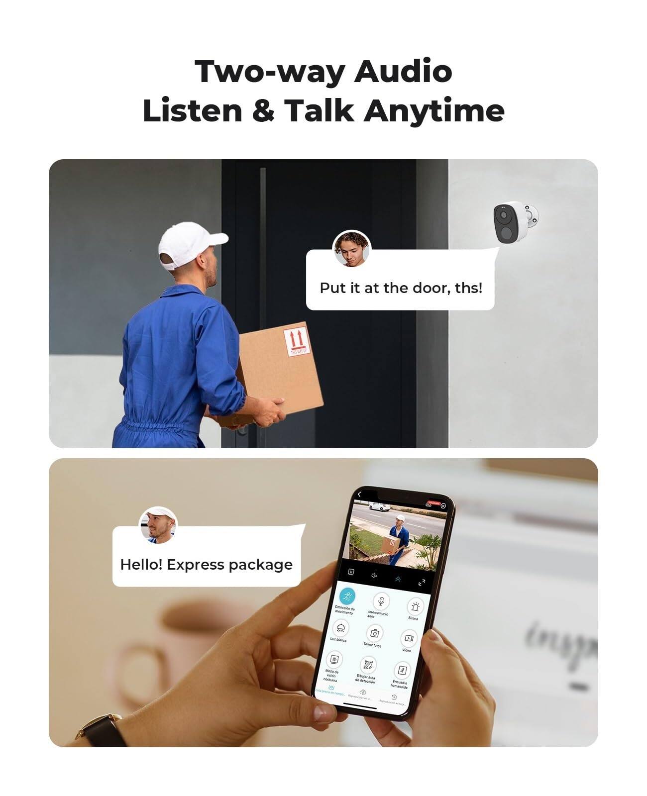 Two-way Audio  
Listen & Talk Anytime

Put it at the door, ths!

Hello! Express package