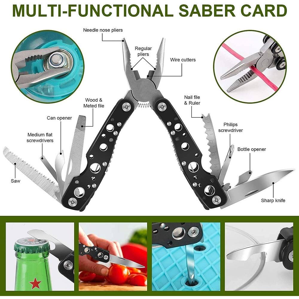 MULTI-FUNCTIONAL SABER CARD

- Needle nose pliers
- Regular pliers
- Wire cutters
- Wood & Metal file
- Nail file & Ruler
- Can opener
- Medium flat screwdrivers
- Philips screwdriver
- Bottle opener
- Saw
- Sharp knife