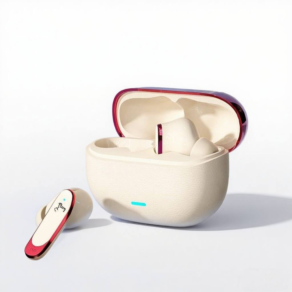 Front. Cluzine - Bluetooth 5.4 AI Translator Earbuds, LED Multilingual Translation Headset for Business Travel - Apricot.