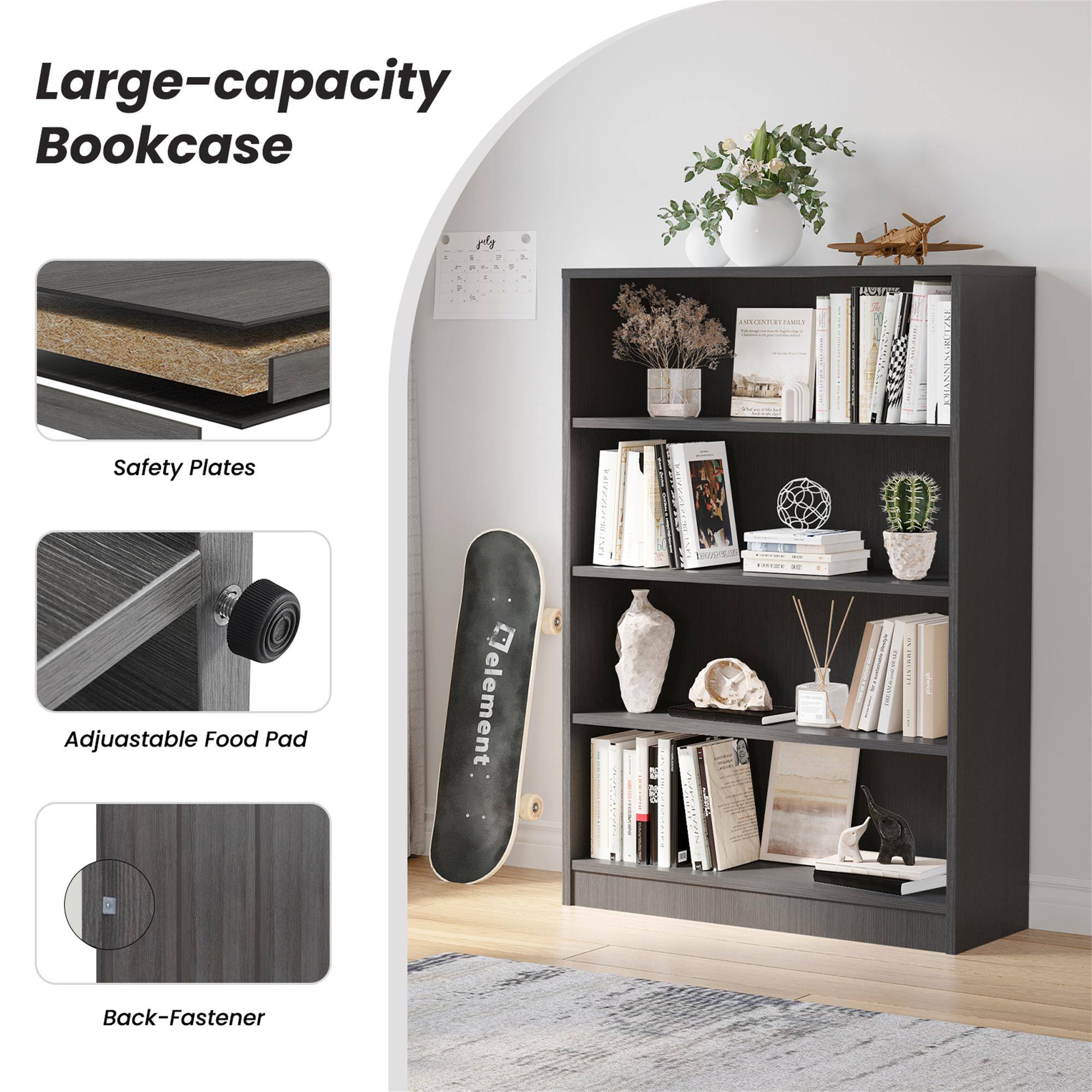 Large-capacity Bookcase

1. Safety Plates
2. Adjustable Food Pad
3. Back-Fastener