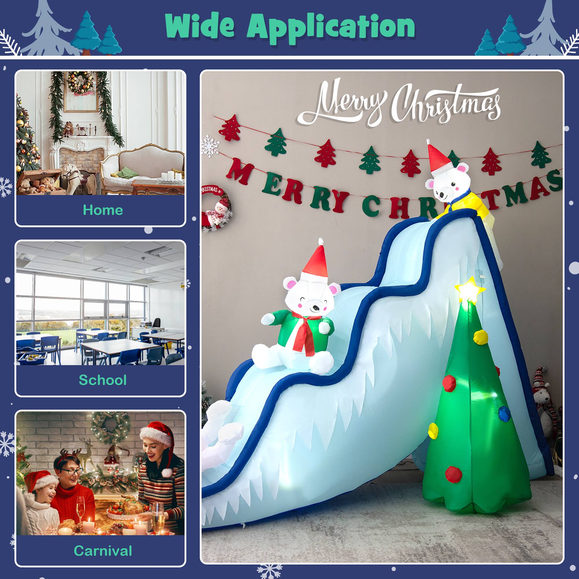 The text on the image is grouped and corrected as follows:

1. Home
2. Wide Application
3. Merry Christmas
4. School
5. Carnival
