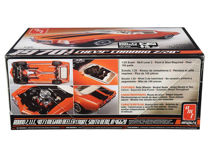 Sure, here is the corrected and grouped text from the image:

---

**1970 Chevrolet Camaro Z/28**

**1:25 Scale**  
**Skill Level 2**  
**Paint & Glue Required**  
**Over 100 parts**

**Echelle 1/25**  
**Niveau de compétence 2**  
**Peinture et colle requises**  
**Plus de 100 pièces**

**Escala 1:25**  
**Nivel 2 de habilidad**  
**Se necesita pintura y pegamento**  
**Más de 100 piezas**

**FEATURES:**  
- Rally Wheels  
- Bucket Seats  
- Stripe Decals in Two Colors  
- Separate Sub-Frame  
- Extensive Detail Throughout

**CARACTERÍSTICAS:**  
- Ruedas de rally  
- Sigues baquetas  
- Decalcomanías en bande de dos colores  
- Sous-châssis séparé  
- Modèle très détaillé dans son ensemble

**CARACTERÍSTICAS:**  
- Ruedas para rally  
- Asientos de cubo  
- Calcom