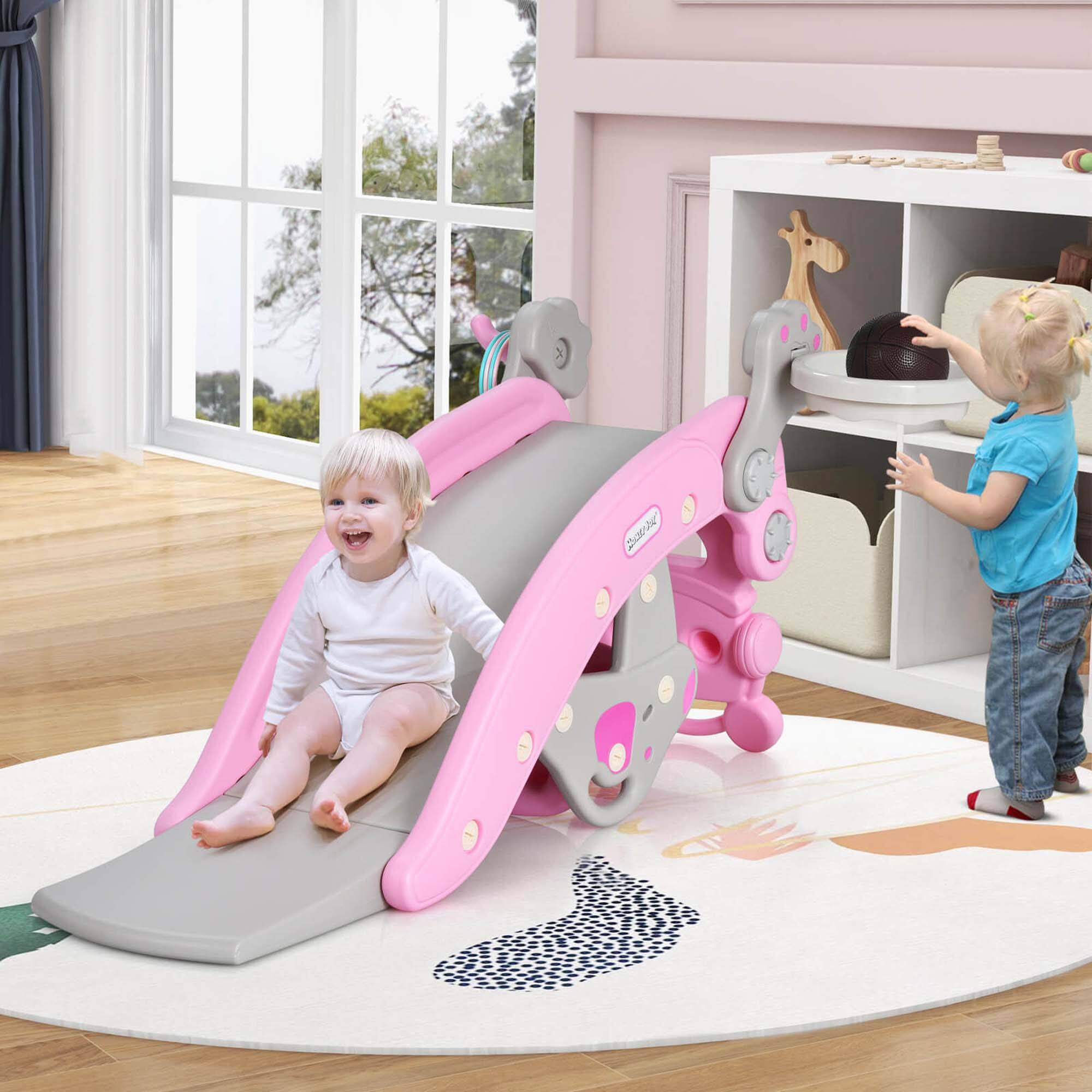 Alt View 1. Costway - Costway 4-in-1 Rocking Horse & Slide Set Toddler Slide Toy with Basketball Hoop - Pink.
