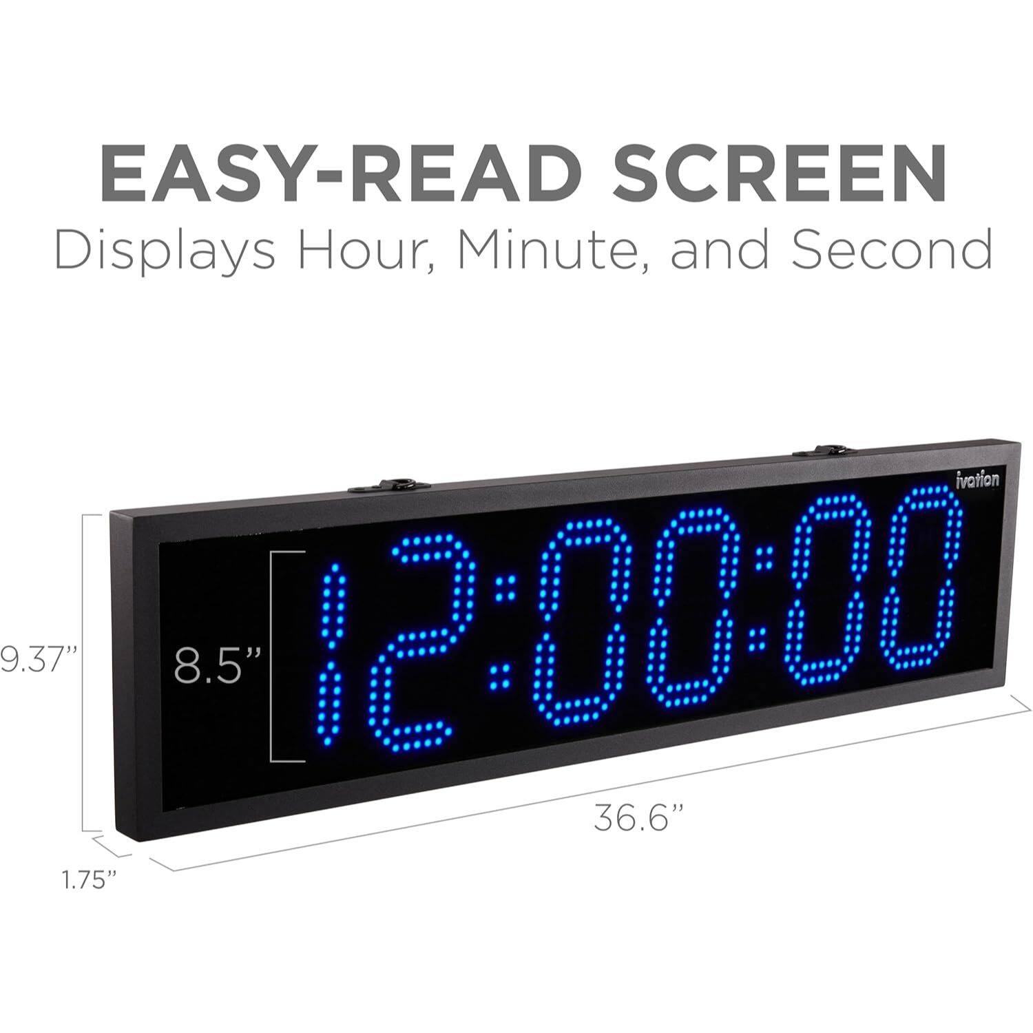 EASY-READ SCREEN, Displays Hour, Minute, and Second, ivation, 9.37", 8.5", 12:00:00, 36.6", 1.75"
