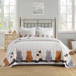 MarCielo - 3-Pieces Cat Silhouette Checkered Quilt Bedspread Set - Multicolored