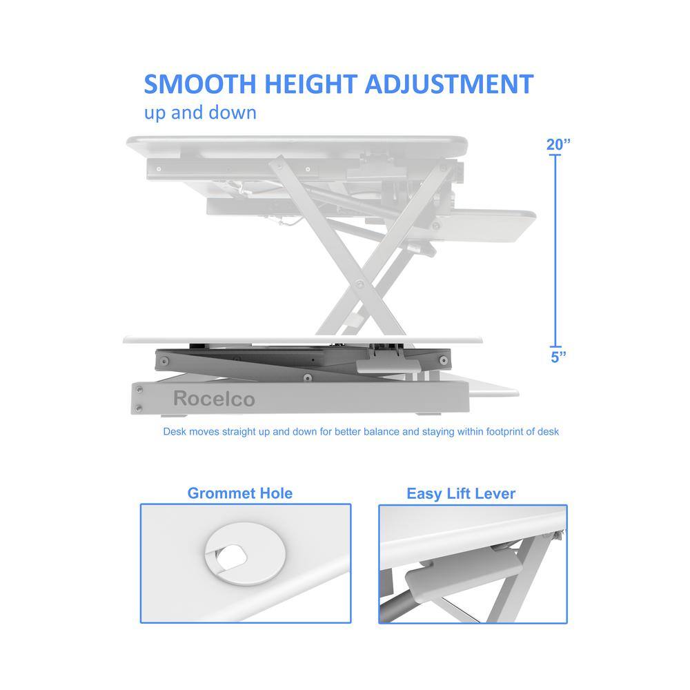 SMOOTH HEIGHT ADJUSTMENT  
up and down  

20"  
5"  

Rocelco Desk moves straight up and down for better balance and staying within footprint of desk  

Grommet Hole  
Easy Lift Lever