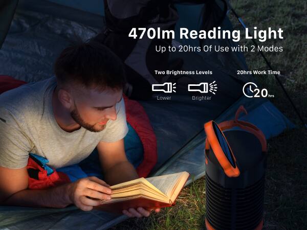 470lm Reading Light, Up to 20hrs Of Use with 2 Modes, Two Brightness Levels, Lower, Brighter, 20hrs Work Time, 20 hrs