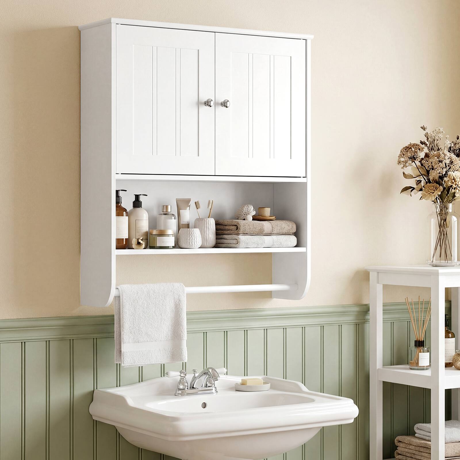 Alt View 1. Gymax - Gymax Bathroom Wall Cabinet Wall Mounted Medicine Cabinet w/ Towel Bar & Shelf - White.